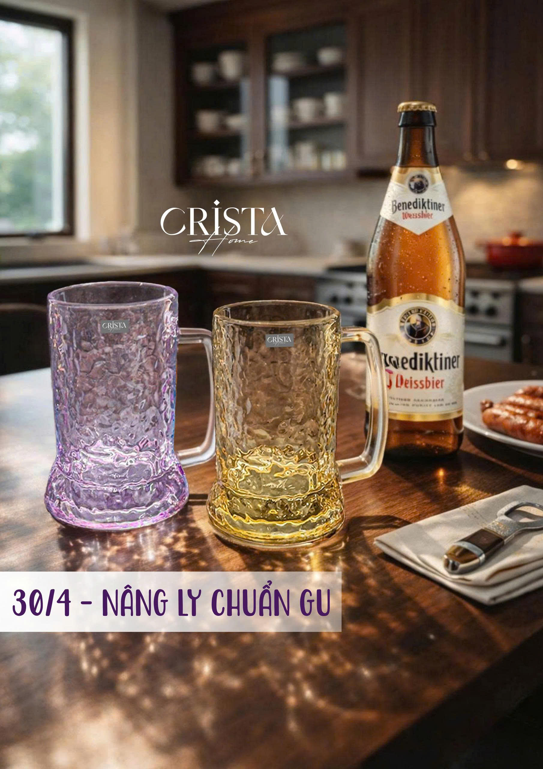 Bộ 6 cốc ly bia thủy tinh vân sóng nước có quai 420ml Crista Home_thumbnail_6