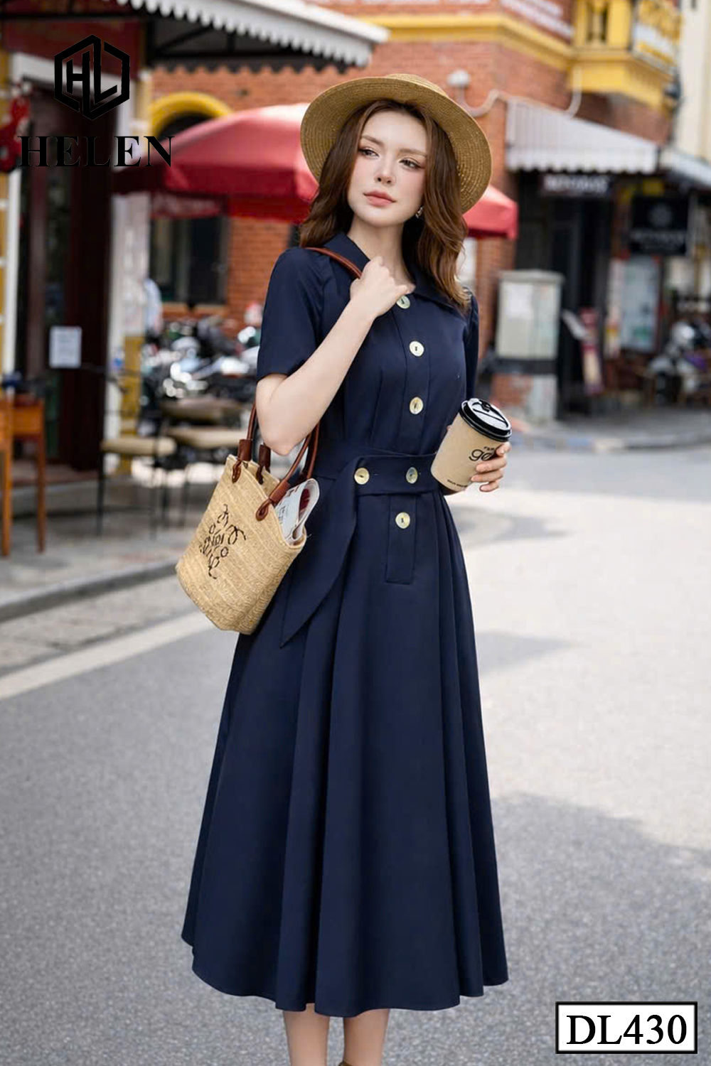 Đầm xòe màu xanh than cổ đước đai eo DL430