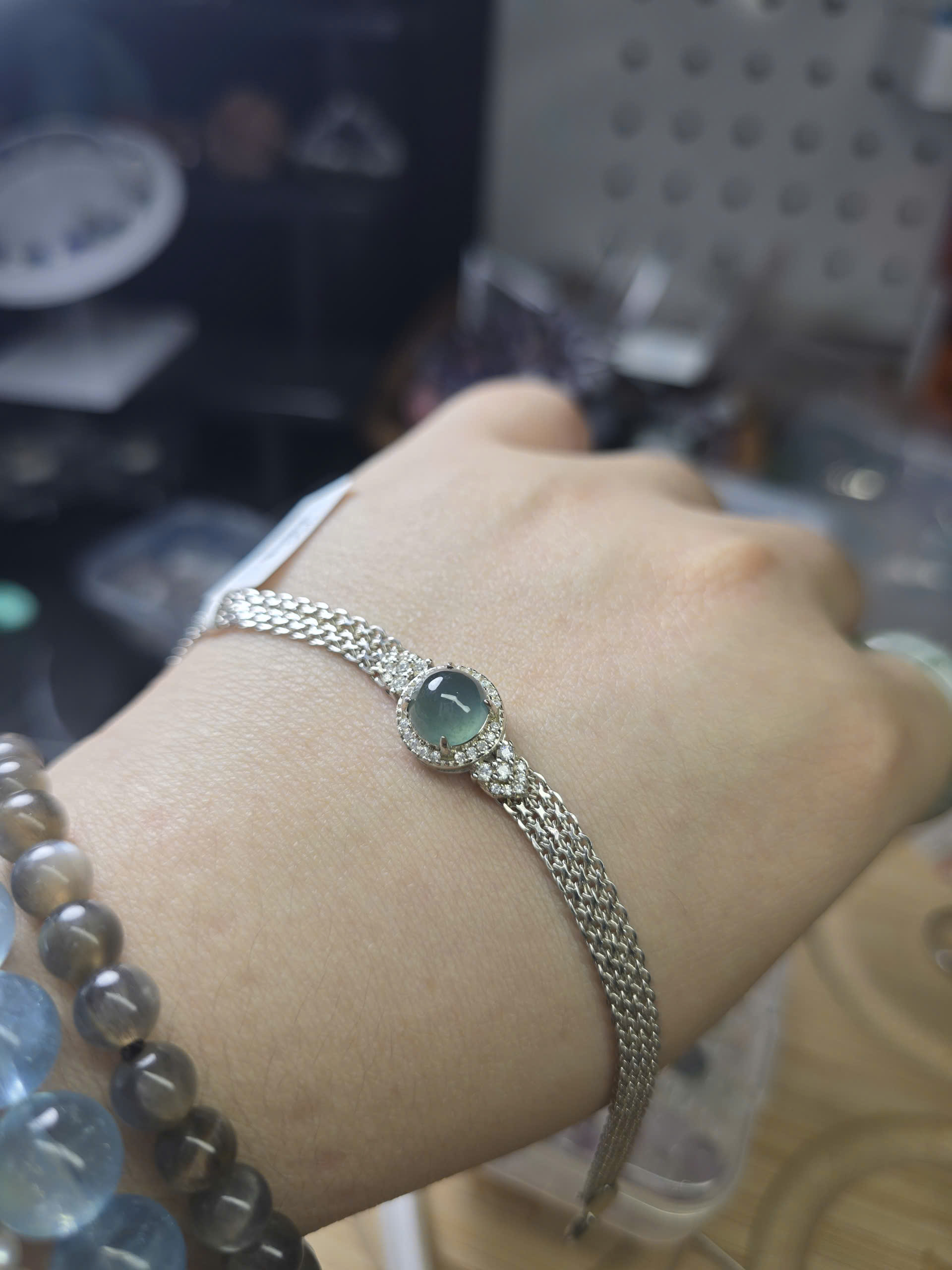 Vòng Bạc S925 Phối Cẩm Thạch Phỉ Thúy Jadeite Lam Gua Chủng Cao Băng_thumbnail_2