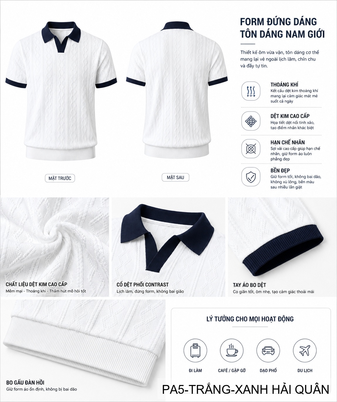 PA5 - Áo Polo Nam Mùa Hè Chất Jacquard Co Giãn, Cổ V Phối Màu Thời Trang, Dáng Ôm Thoáng Khí_thumbnail_5