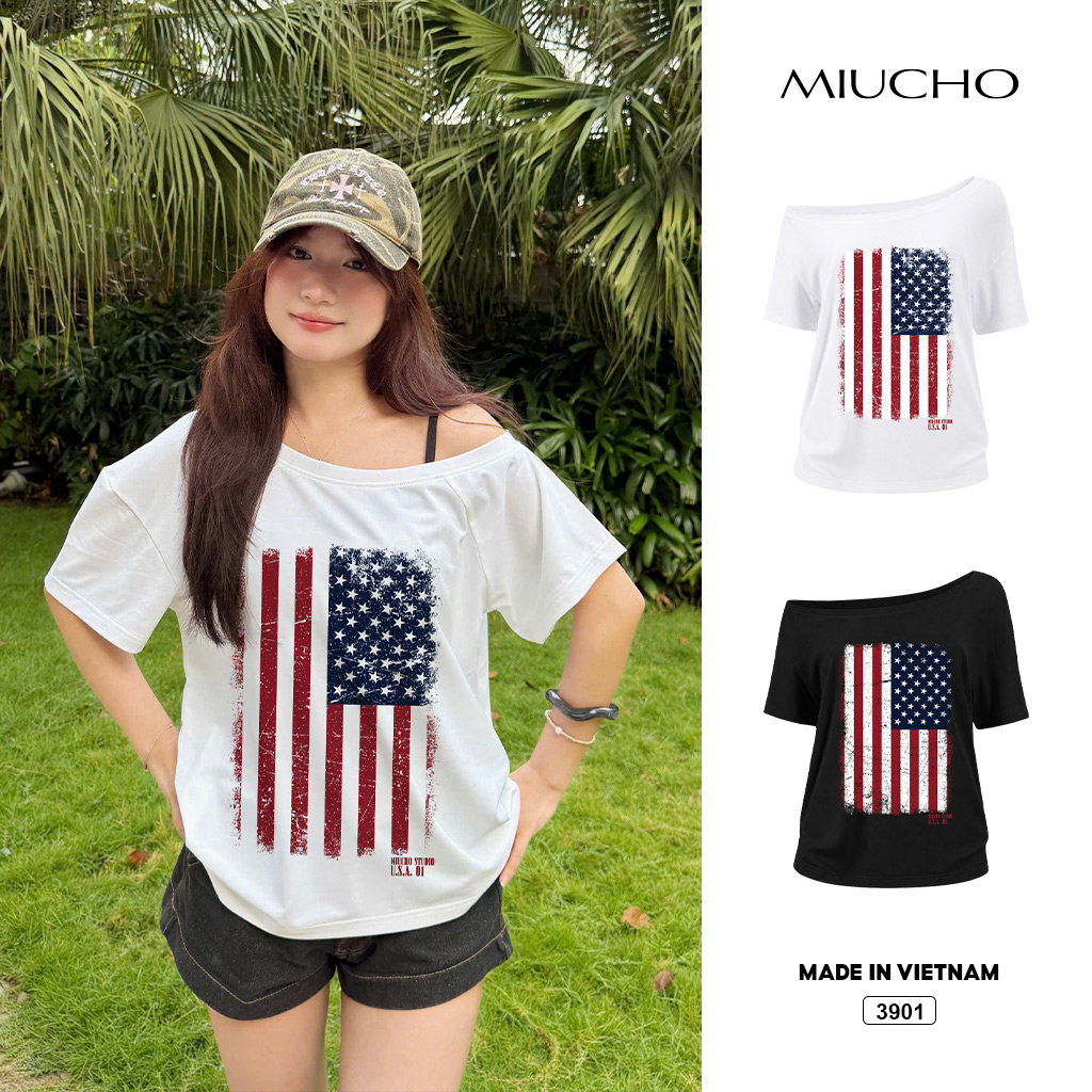 Áo thun nữ form rộng phong cách lệch vai cá tính cổ điển Miucho 3901