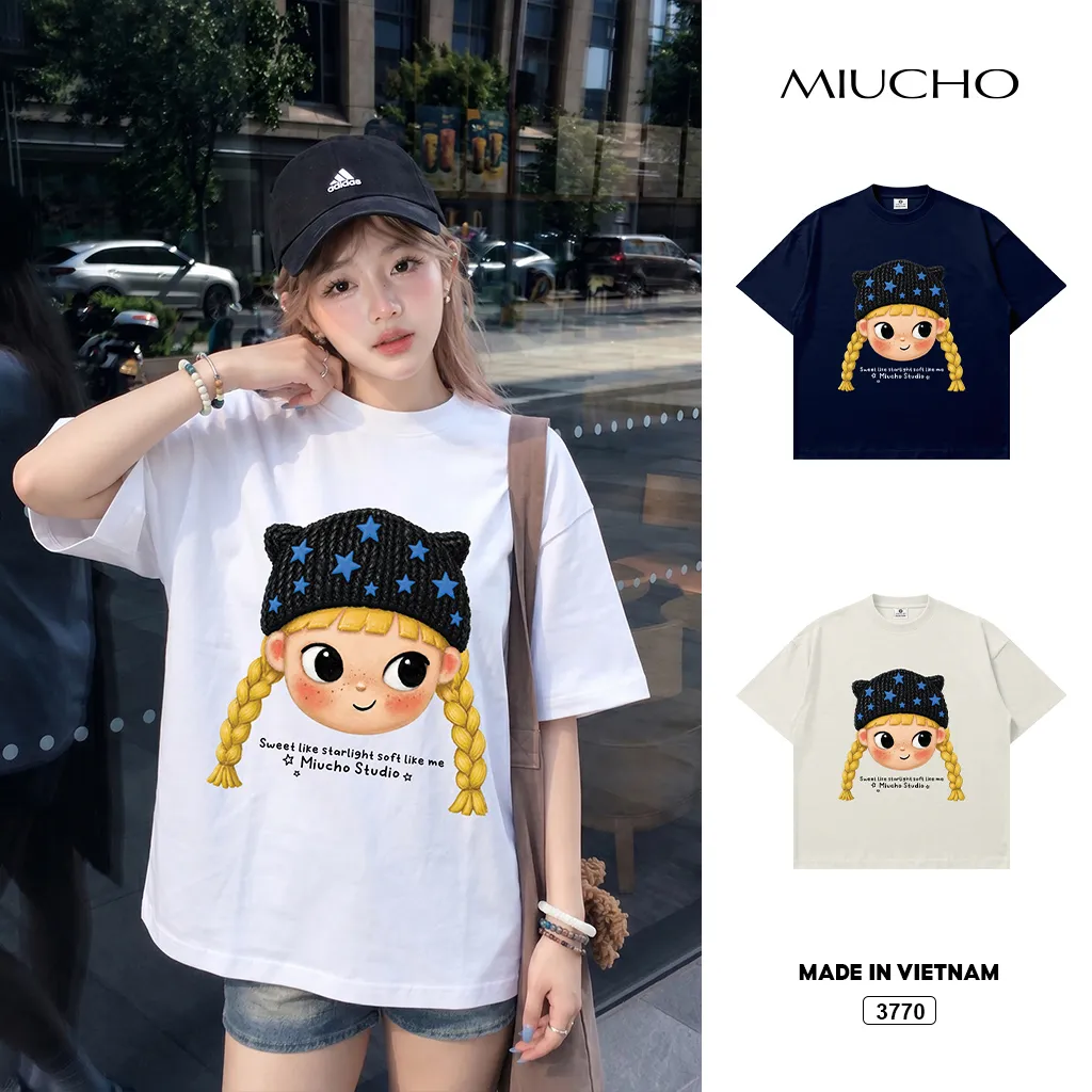 Áo thun boxy nữ Cartoon Girl đáng yêu Miucho 3770