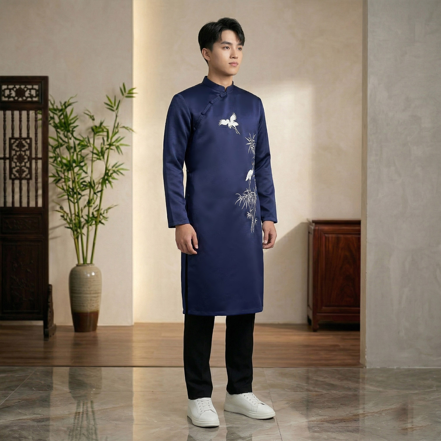 Áo Dài Nam Cách Tân Thêu Trúc Quân Tử - Vải Tafeta NA26-10_thumbnail_2