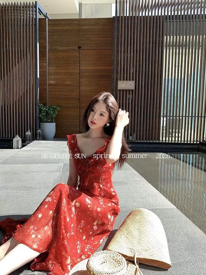 Lucas - Váy hoa voan cổ tim viền bèo nơ ngực GENTLE_thumbnail_1