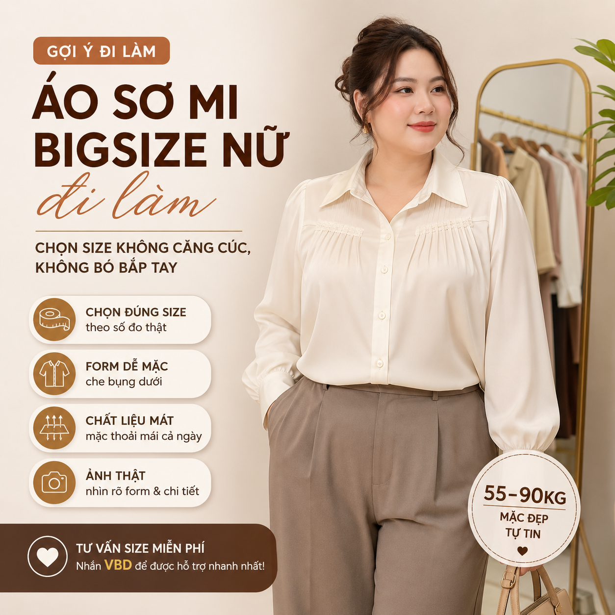 Áo sơ mi bigsize nữ đi làm: chọn size không căng cúc