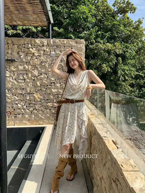Lucas - Váy zile cổ đổ bèo 1 bên gấu xéo + belt da bản lớn vintage_thumbnail_3