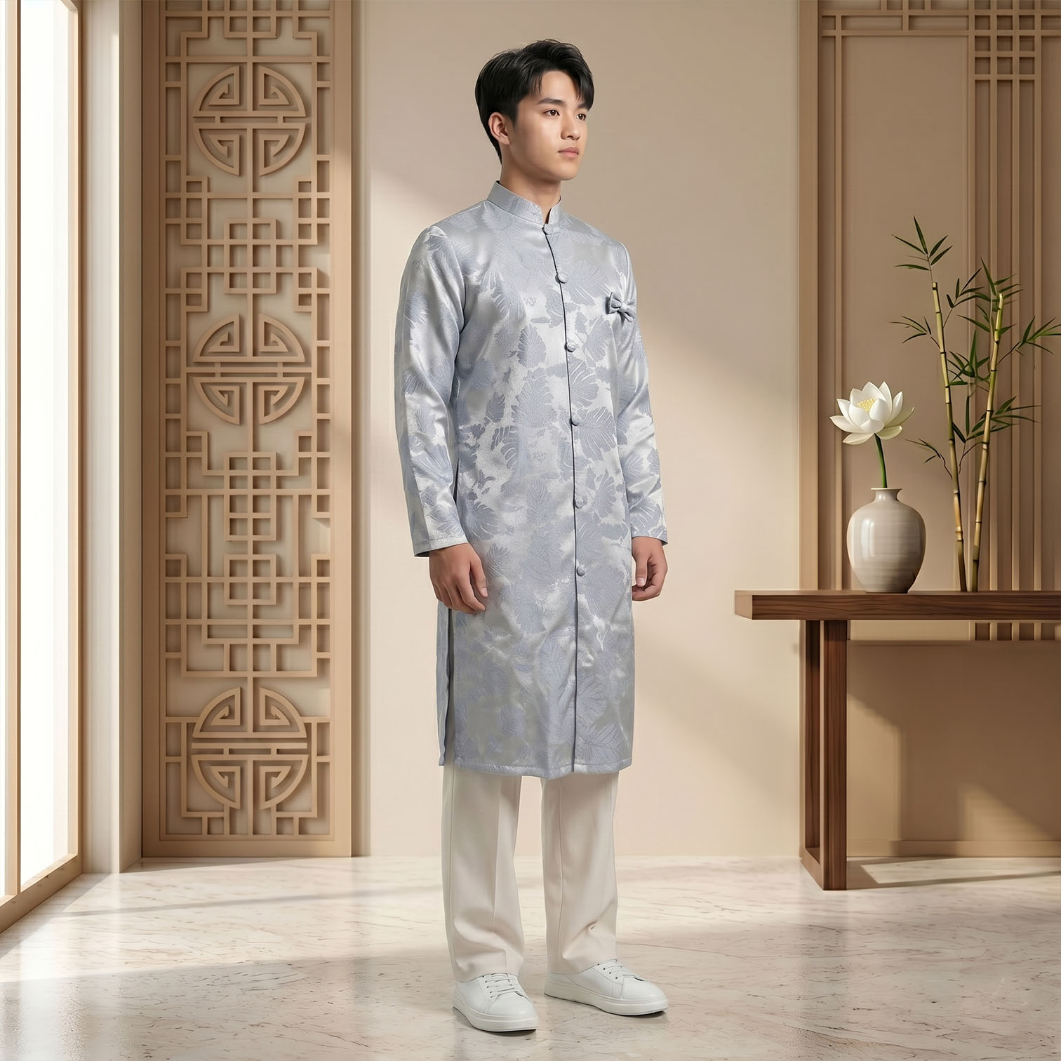 Áo Dài Nam Gấm Châu Sa Cao Cấp Xanh Bạc - Họa Tiết Mới Lạ Trẻ Trung NA26-15_thumbnail_3