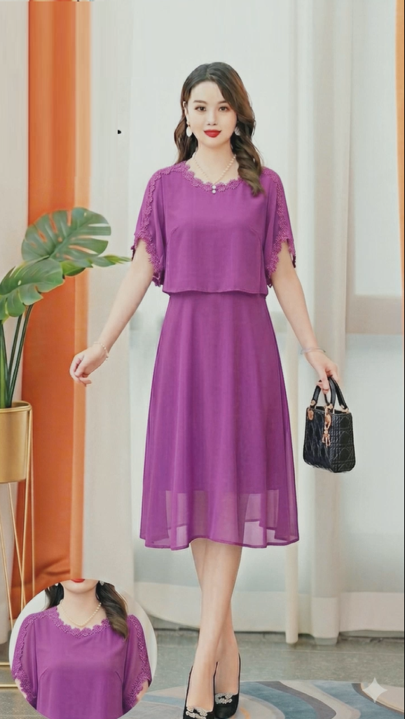 14218-Đầm voan tay xẻ  viền ren hoa giả kiểu rời ( voan,lót)_thumbnail_1
