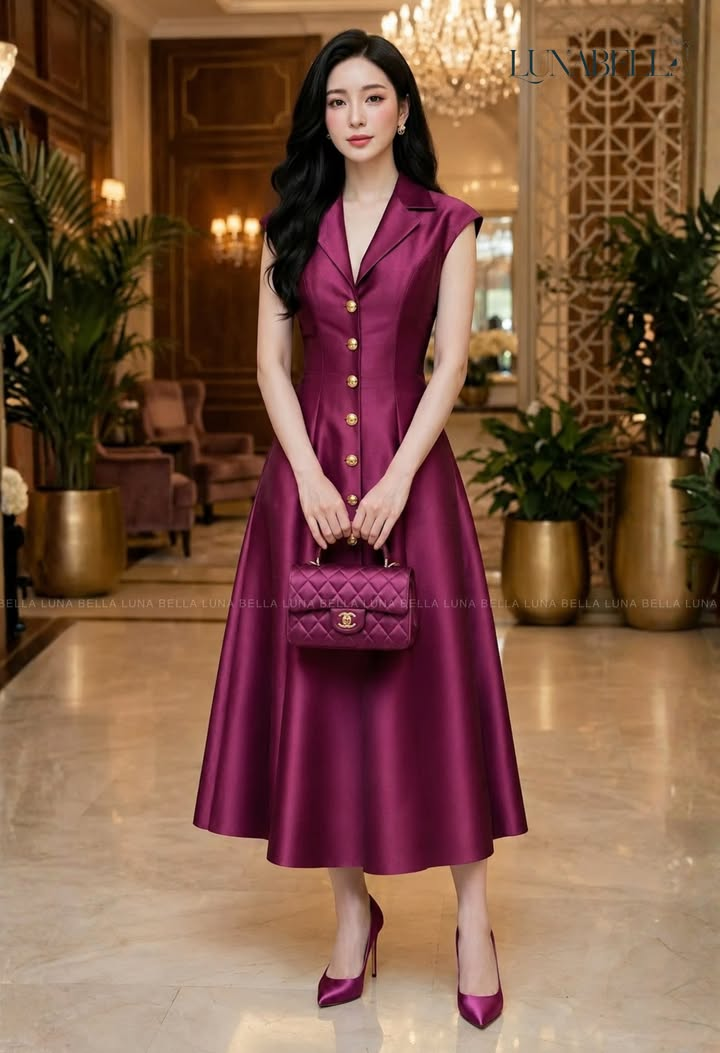 Váy tafta lụa tay hến cúc giữa ZIREEN màu TÍM