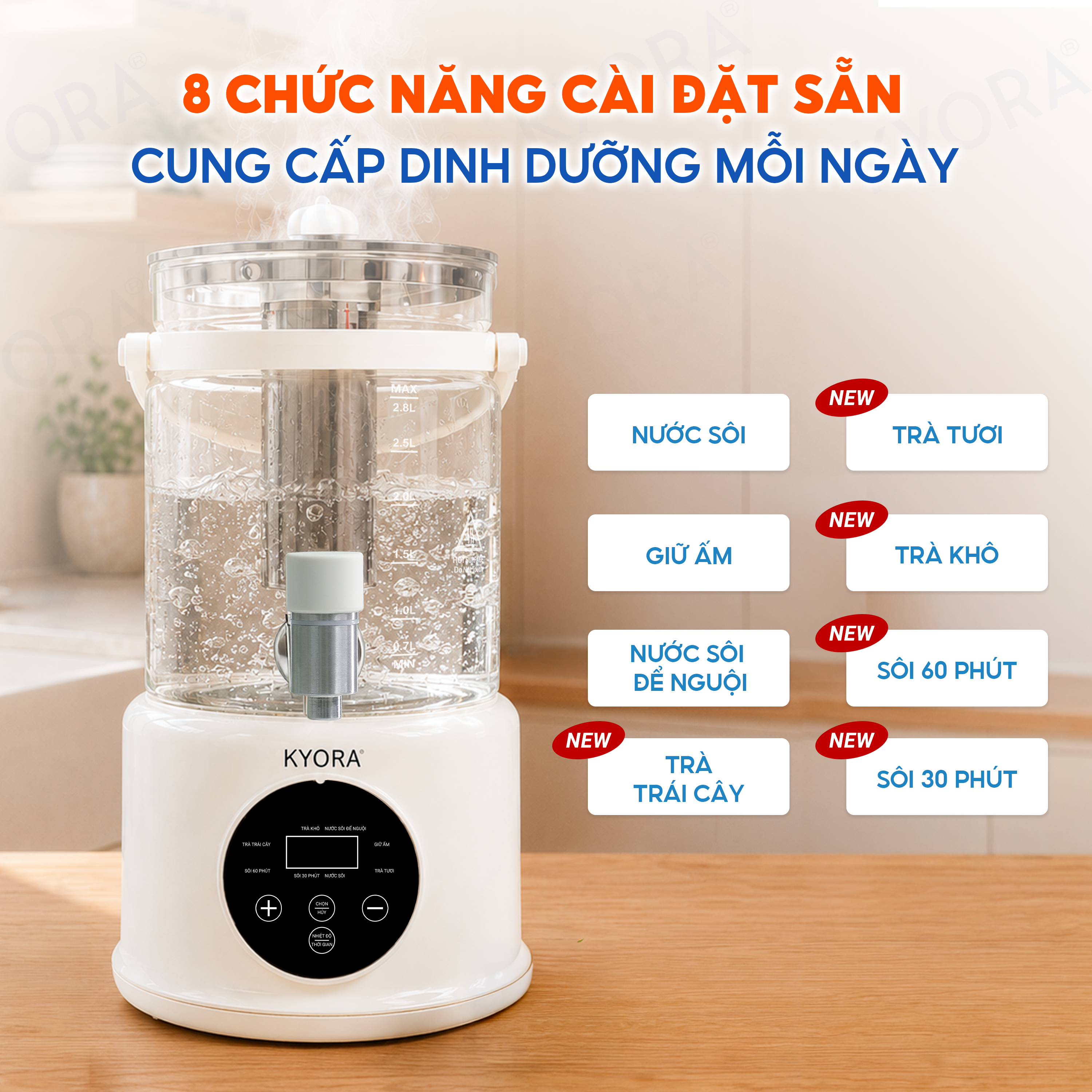 Ấm Đun Nước Giữ Nhiệt Đa Năng 8in1 Kyora 2.8L - 8 chức năng đun nấu - Giữ nhiệt 48H liên tục - Kèm lõi lọc trà