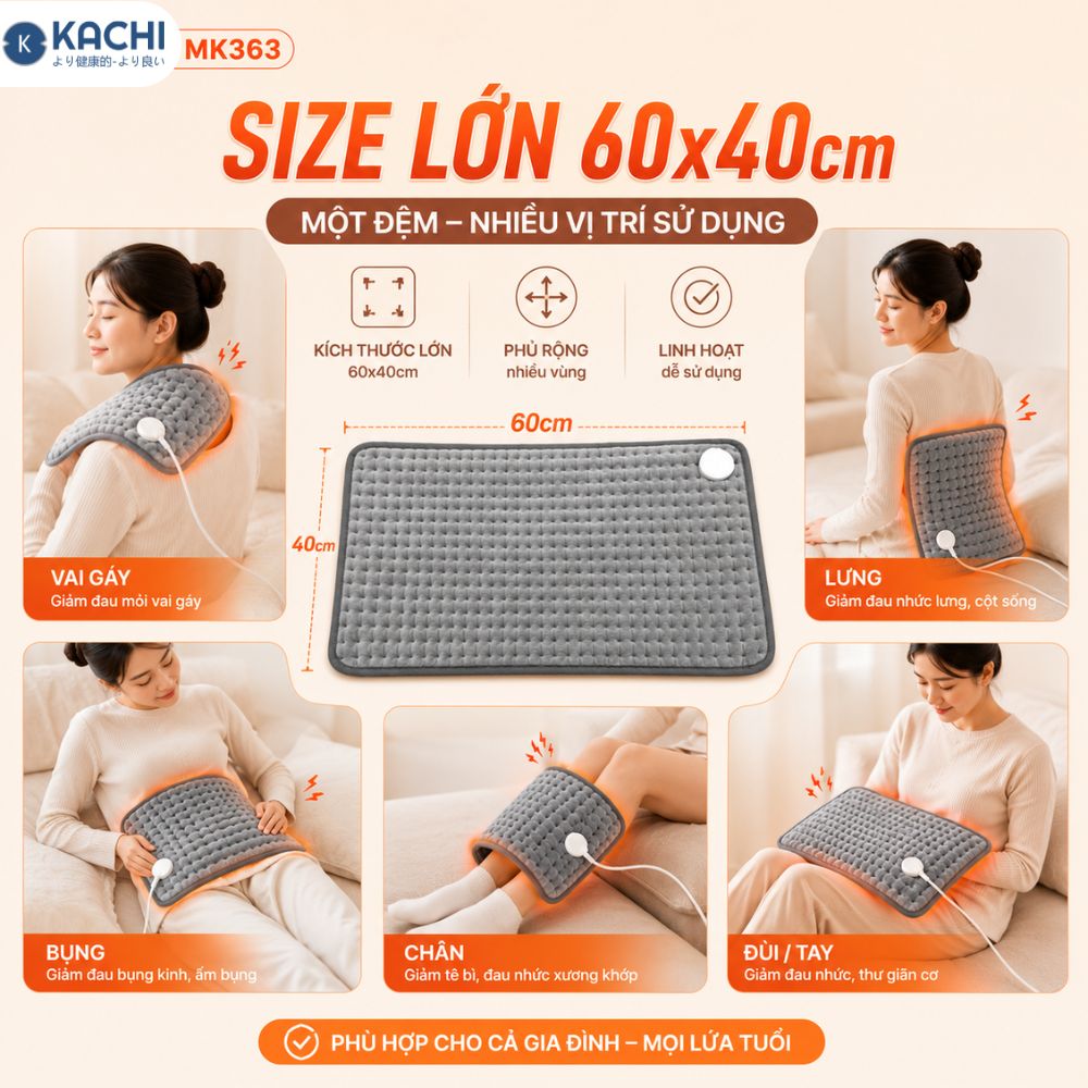 Thảm Chườm Nóng Kachi MK363 giảm đau nhức, đệm sưởi ấm, chăn điện_thumbnail_3