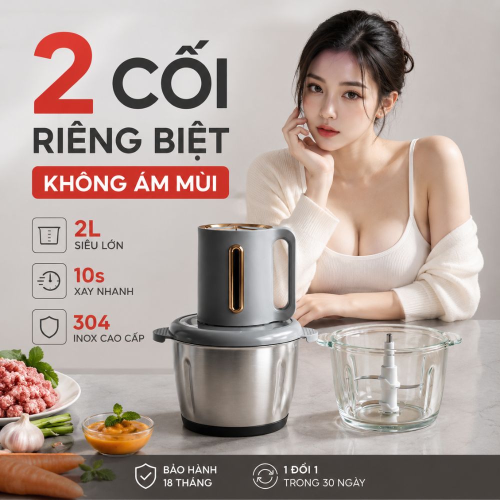 Máy xay thịt cối thủy tinh 2L tặng kèm cối inox Mishio MK444