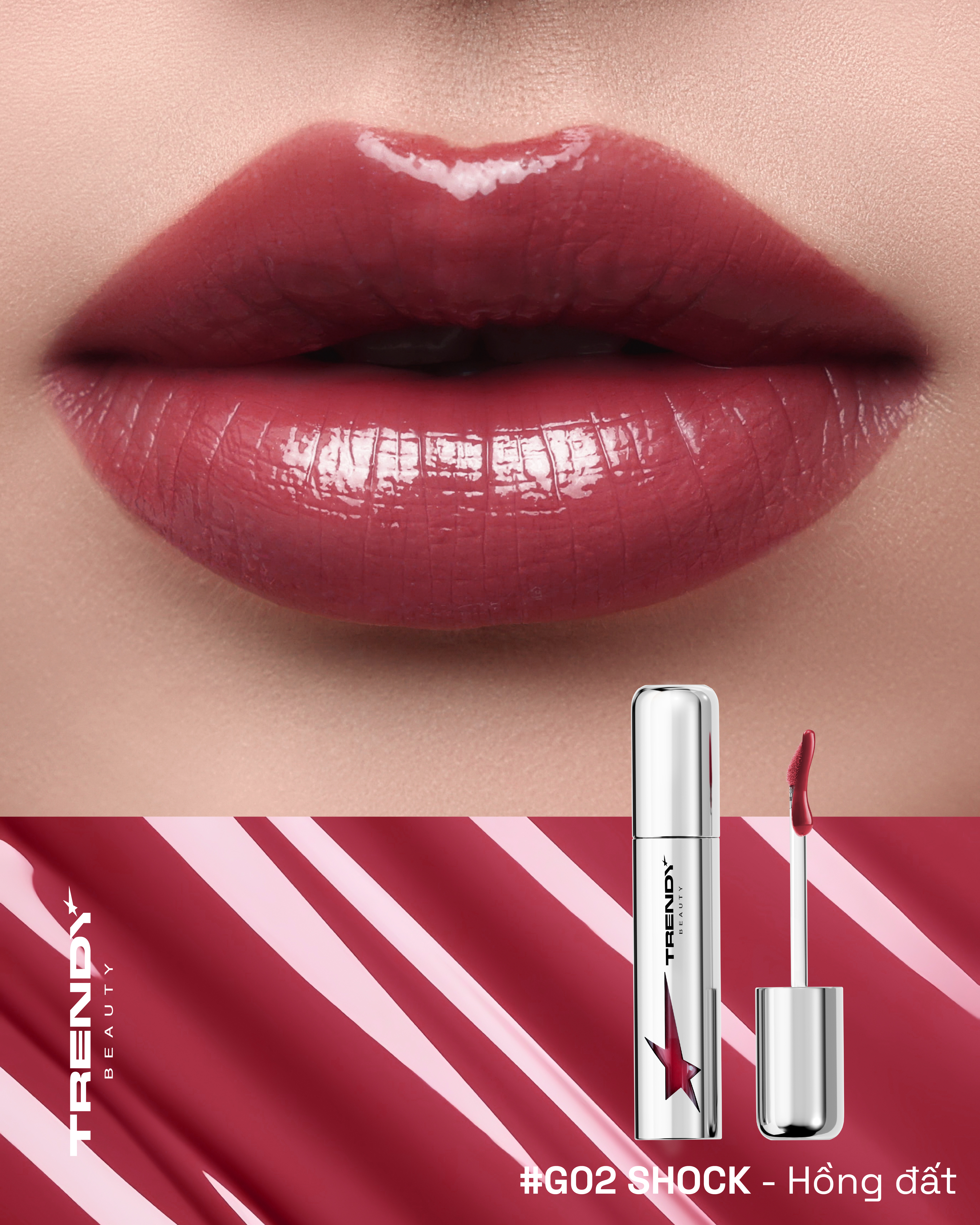 G02 Shock - Son bóng màu hồng đất pha tím Trendy Beauty Lip Gloss Silver Shot