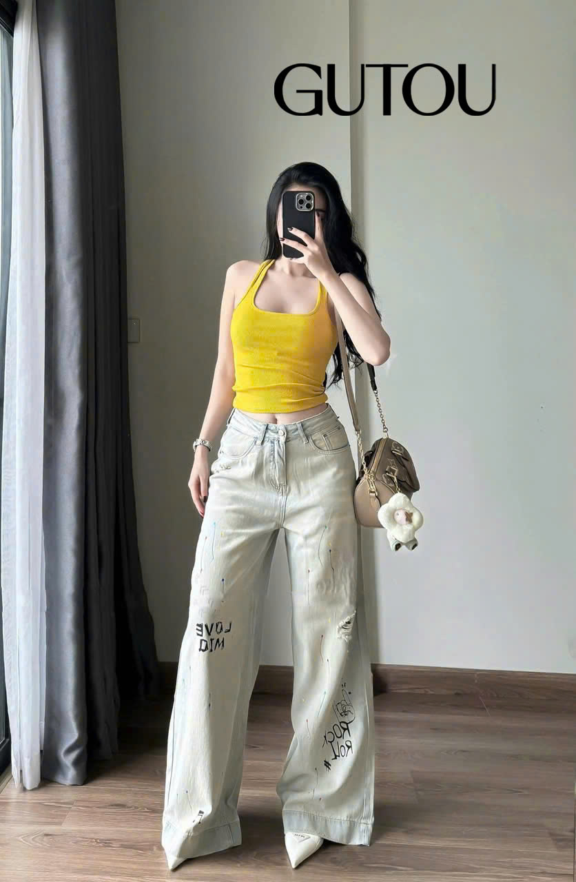 [ GUTOU ] Quần Jean Suông Poace & Love