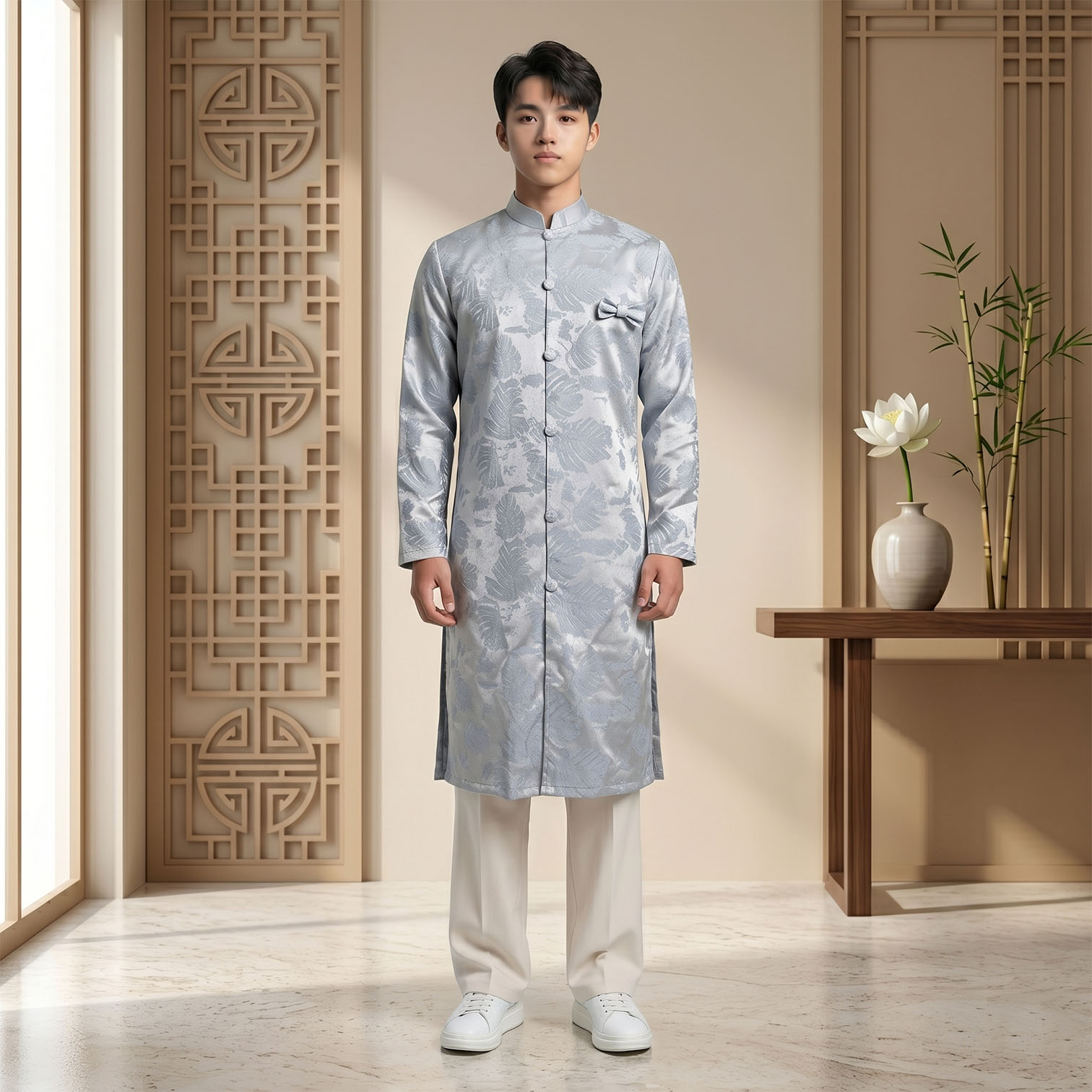 Áo Dài Nam Gấm Châu Sa Cao Cấp Xanh Bạc - Họa Tiết Mới Lạ Trẻ Trung NA26-15