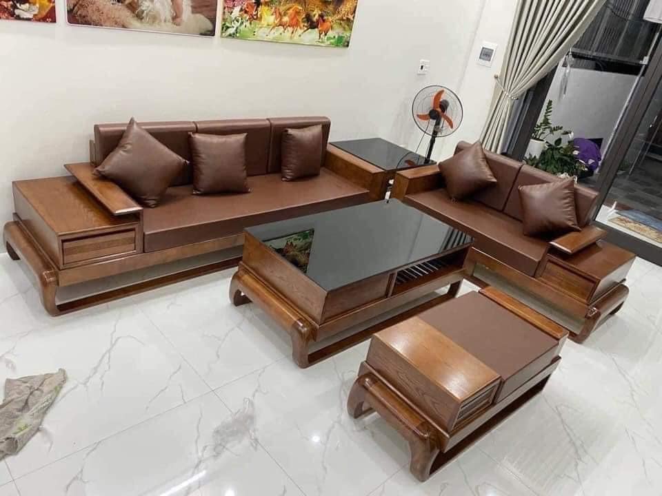 Sofa 2 văng chân gà màu gỗ tự nhiên, đệm màu nâu