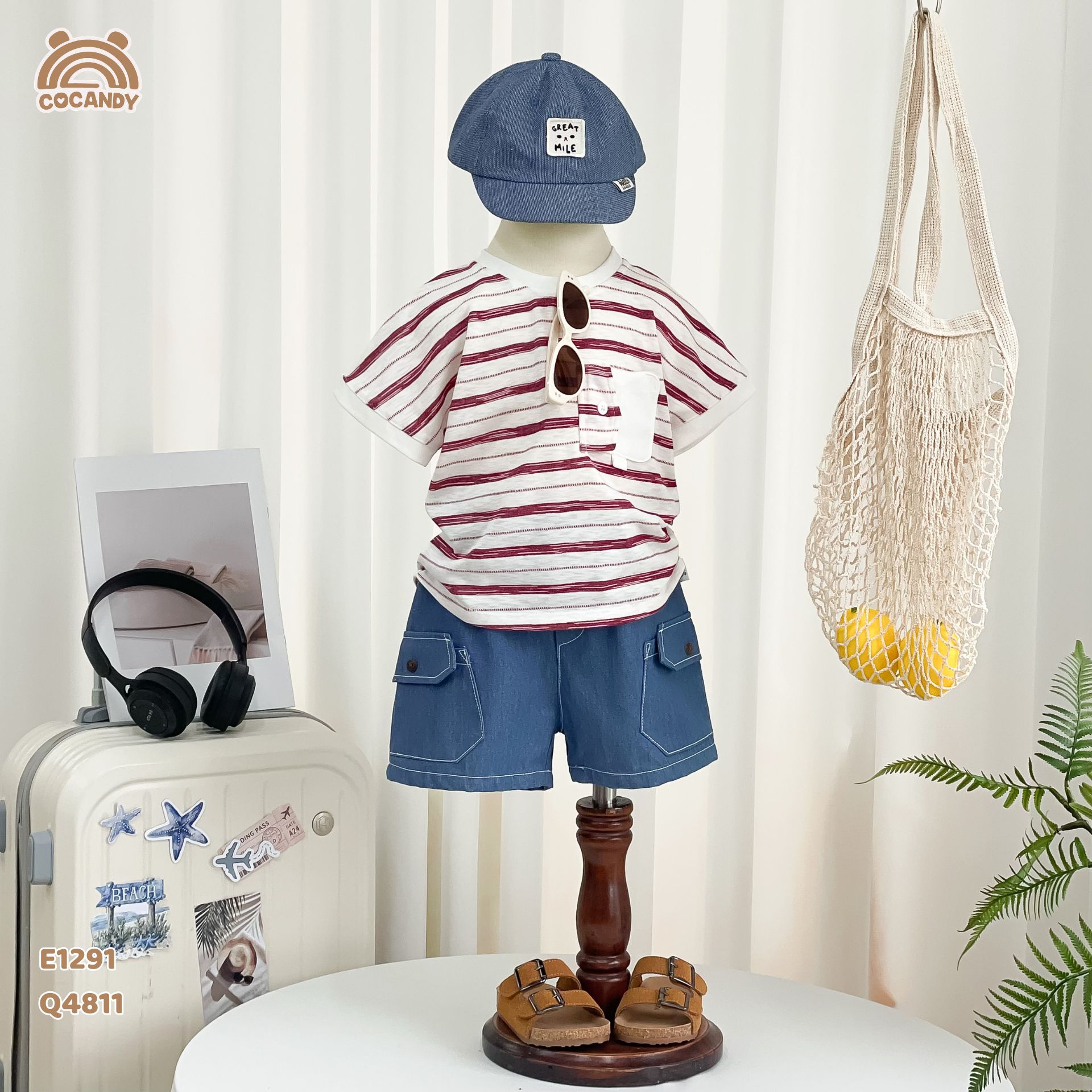 Áo cộc kẻ ĐỎ BE phối túi hòm thư