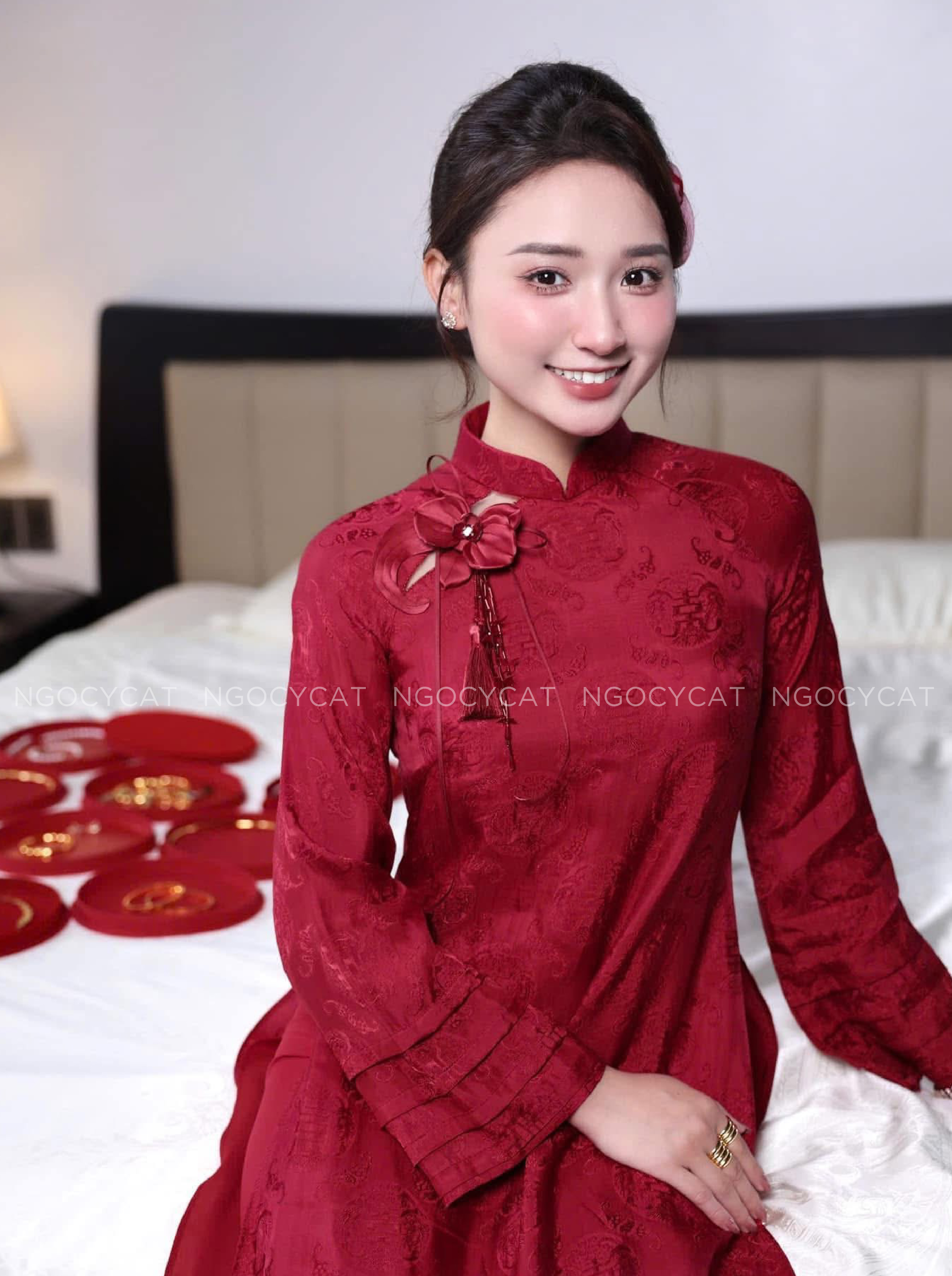 Áo Dài Dâu Rể Đỏ Hoa Thọ Dơi