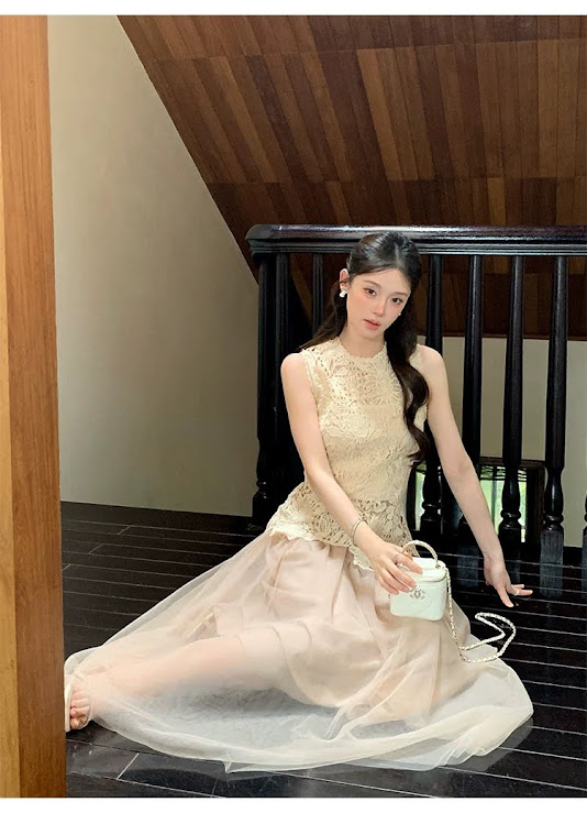 Lucas - Set áo zile ren hoa nổi + chân váy voan xòe dáng dài YJIA 3389_thumbnail_5