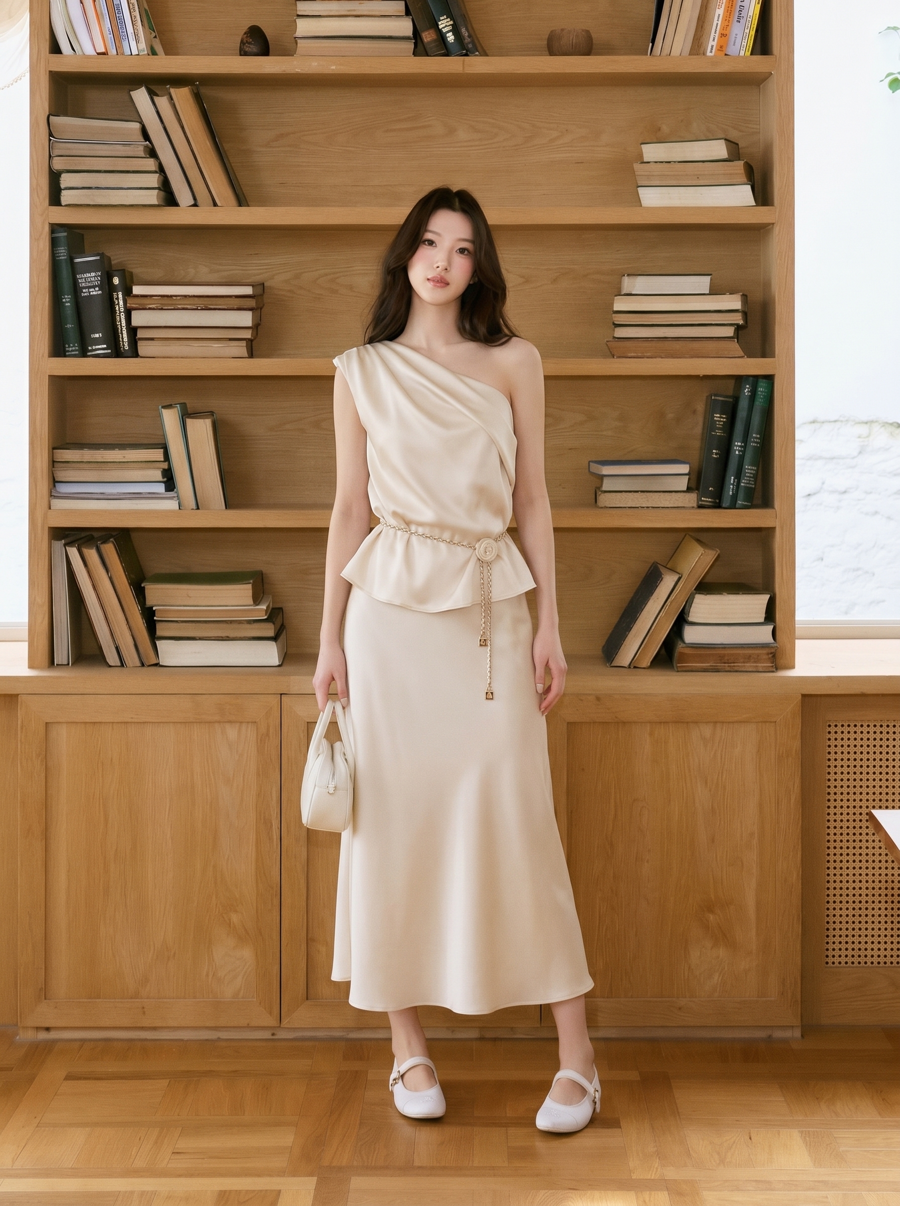 Lucas - Set áo lệch vai + chân váy lụa dáng dài + dây belt kim loại