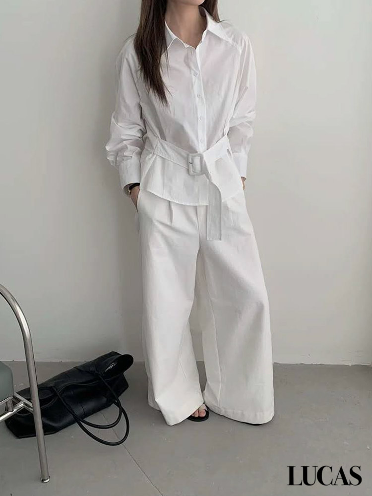 Áo sơ mi cổ đức vai chéo cài cúc dài tay phom suông + belt cài