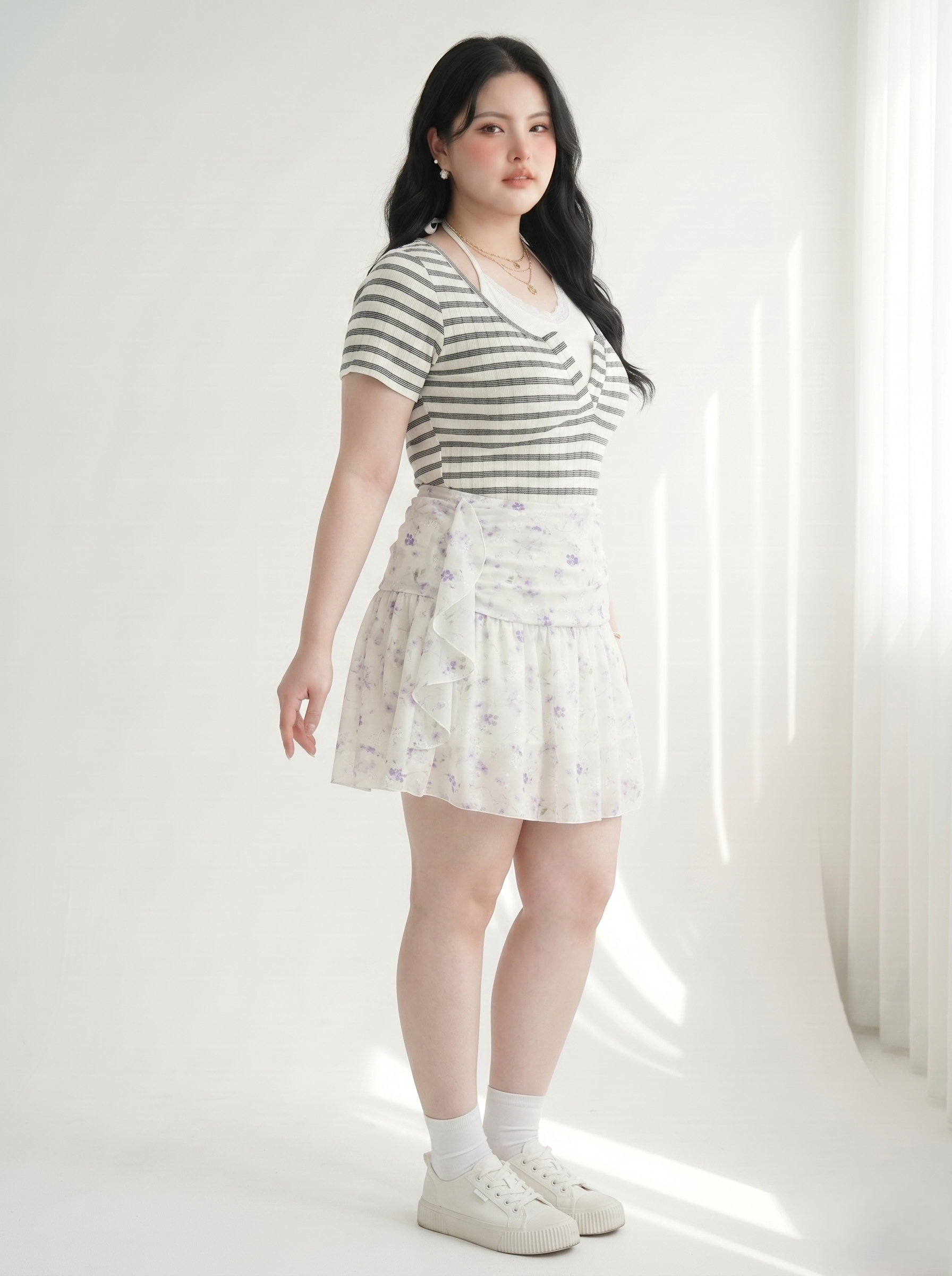 Chân Váy Voan Hoa Dáng A Bigsize Lưng Thun Có Lót Quần - Kem Hoa Tím - Vừa 55-90kg - V-CV049