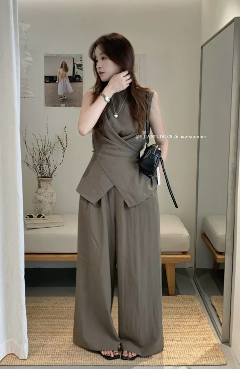 Set áo zile cổ tròn vạt đan + quần ống suông dáng dài YJIA_thumbnail_8