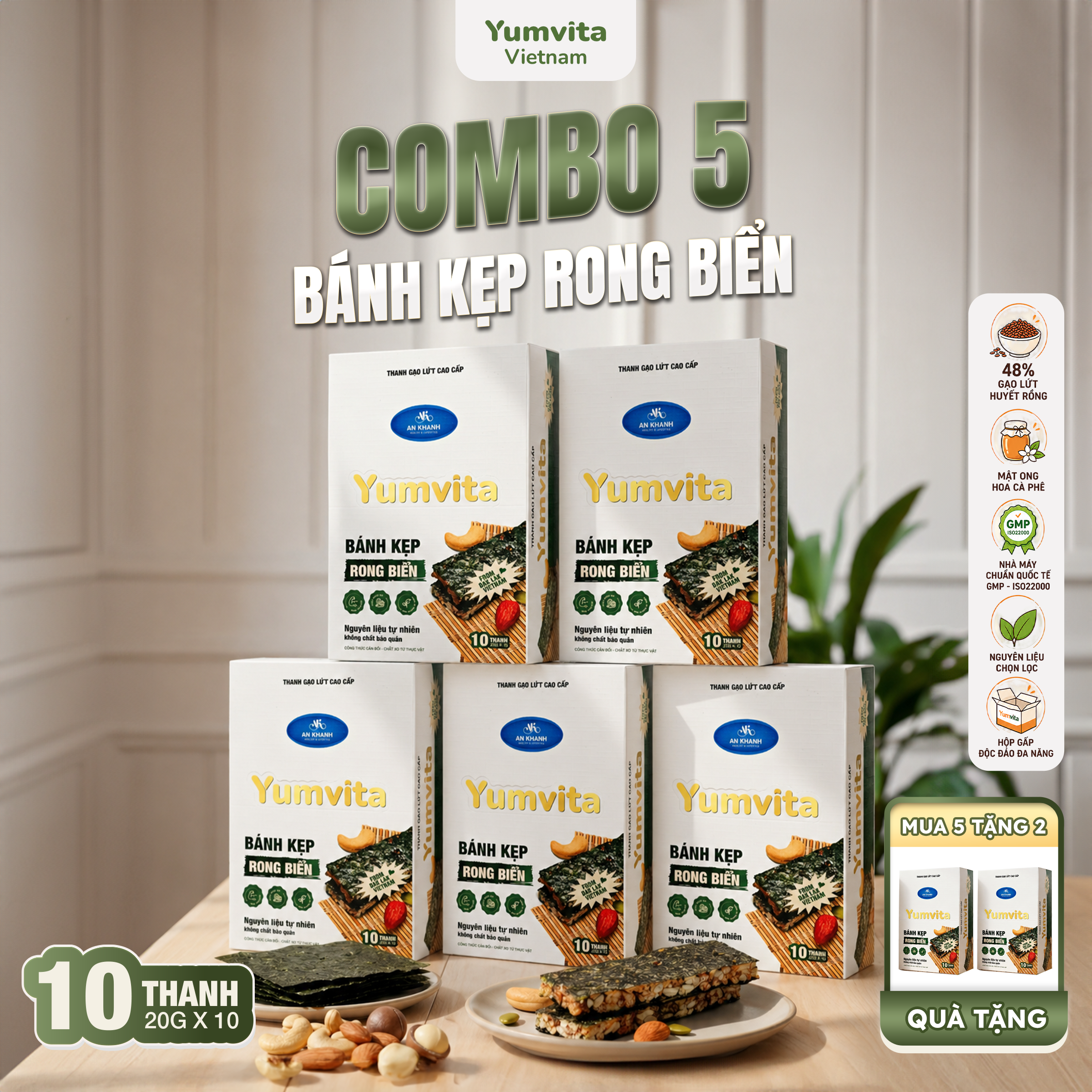 [COMBO 5 HỘP] Bánh Kẹp Rong Biển Yumvita - 5 Hộp 10 Thanh 200g Ăn Vặt Dinh Dưỡng Lành Mạnh