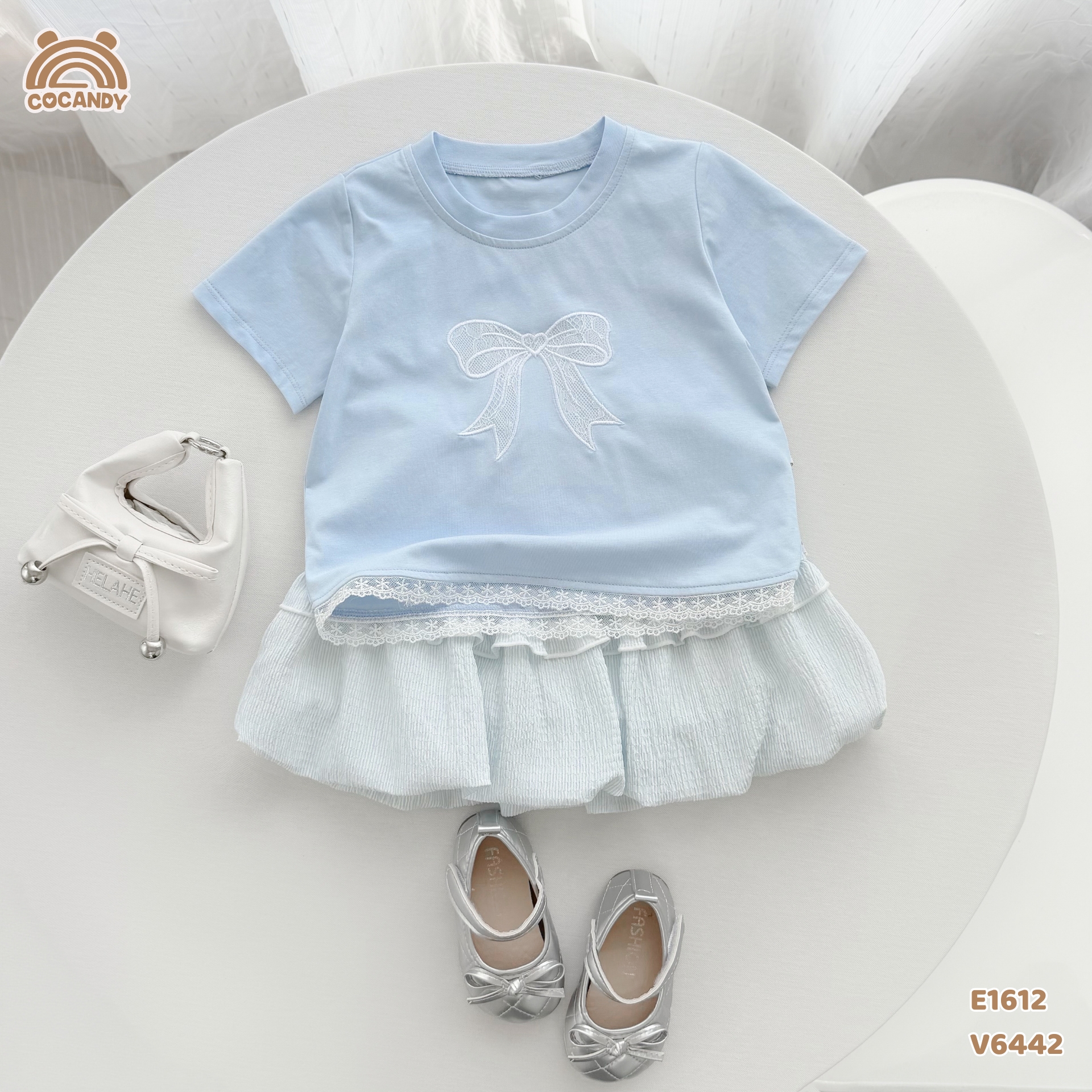 Áo cộc cotton XANH thêu nơ