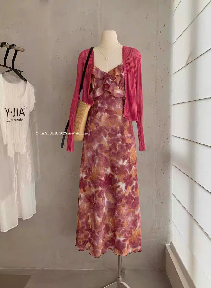 Lucas - Set váy 2 dây lụa hoa viền bèo nhún ngực chân xòe dáng dài pha bèo + áo cardigan_thumbnail_4