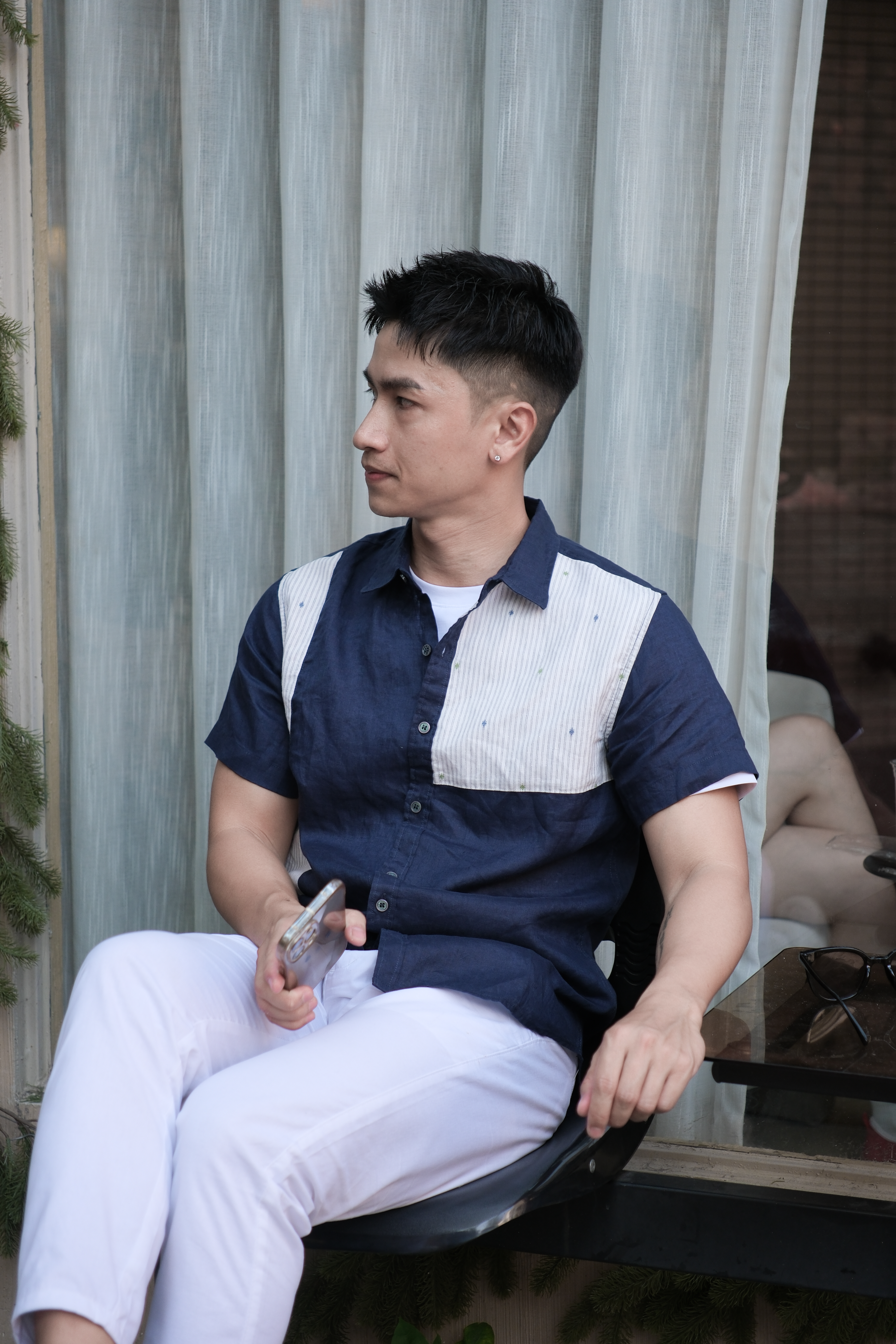 SA34 - Áo sơ mi nam tay ngắn vải lanh thoáng mát phong cách Nhật Bản kẻ sọc phối màu trắng xanh ngọc_thumbnail_12