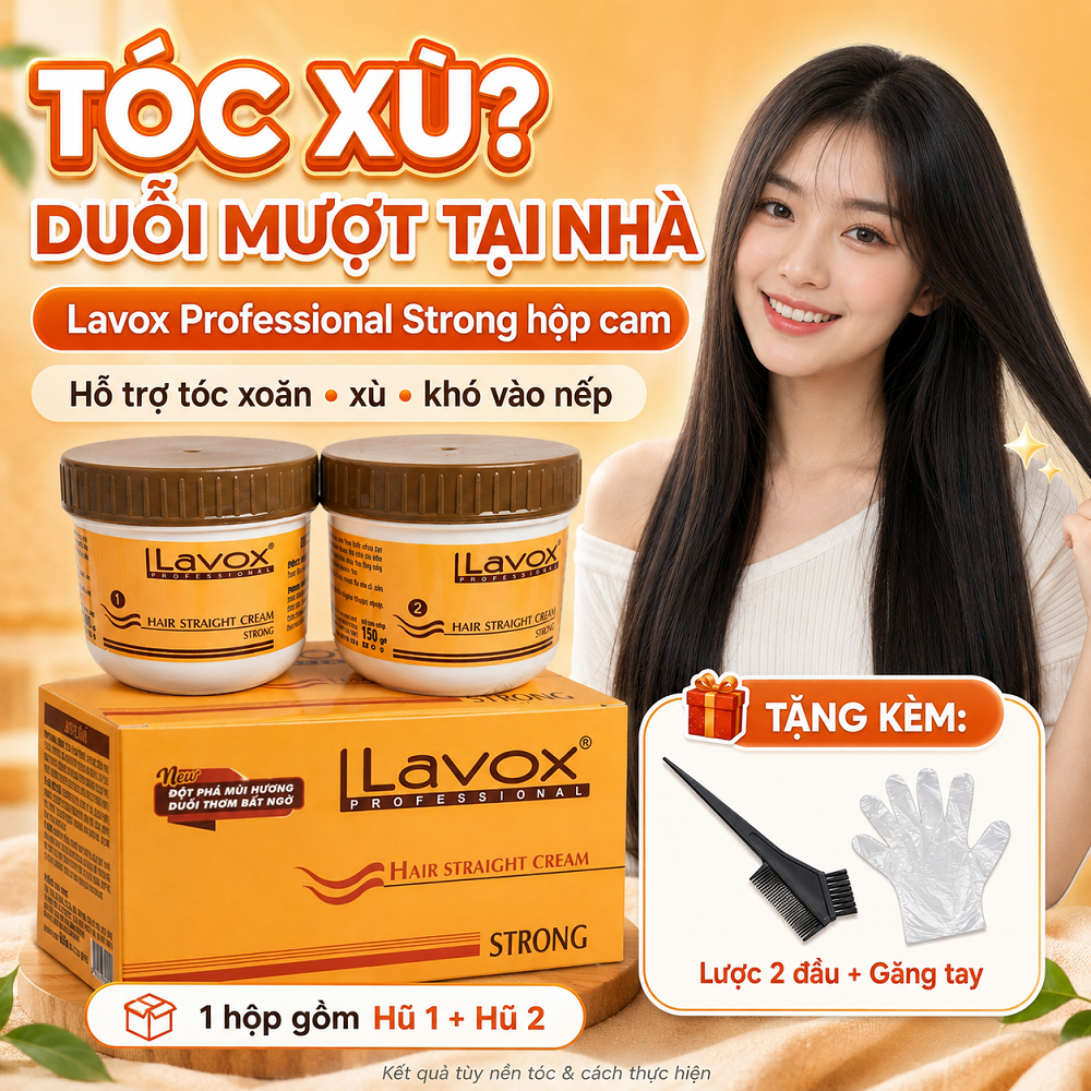 Kem Duỗi Tóc Lavox Strong Hộp Cam 2 Hũ, Hỗ Trợ Tóc Thẳng Mượt Tại Nhà, Tặng Lược 2 Đầu & Găng Tay