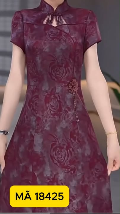 18425-Đầm suông A cổ tàu in hoa  5D ( lụa,lót)