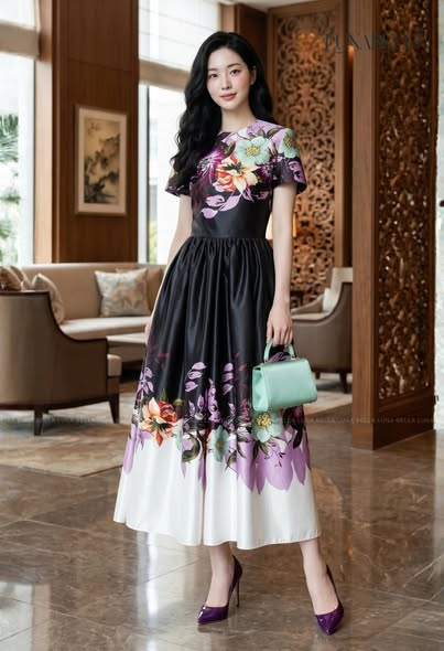 Váy lụa dài in hoa VIRESTA màu ĐEN