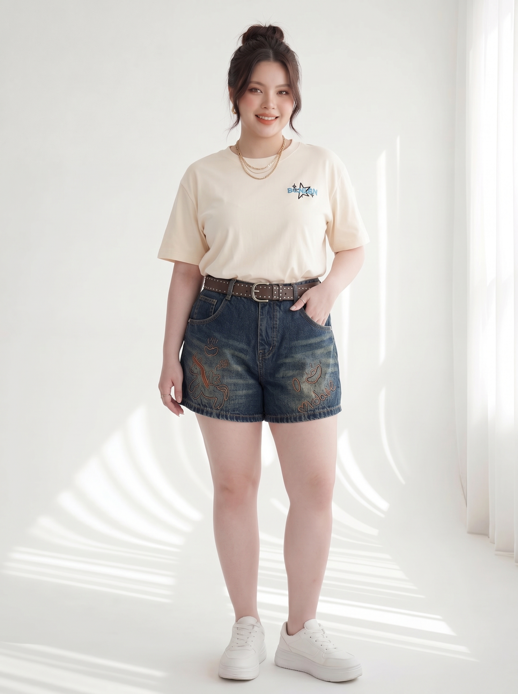 Quần Short Jean Lưng Thun Thêu Ngựa Bigsize Gọn Đùi - Xanh Jean - Vừa 55-90kg - T-QSJ1316