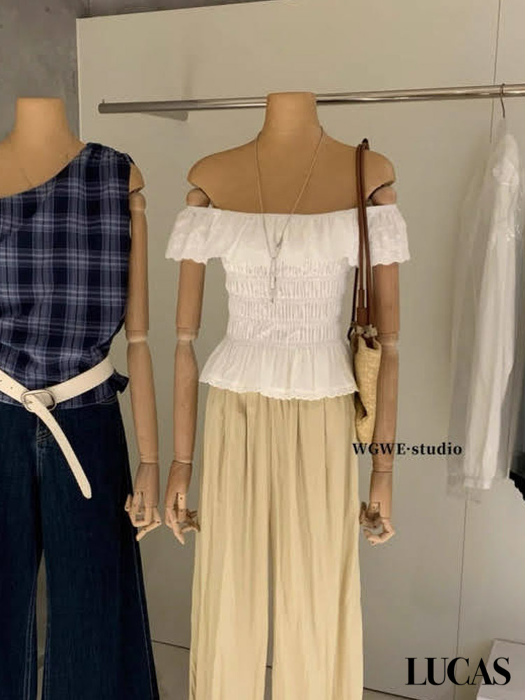 Áo sơ mi thô cổ vuông phối cổ bèo bản lớn thêu ren chun thân gấu xòe