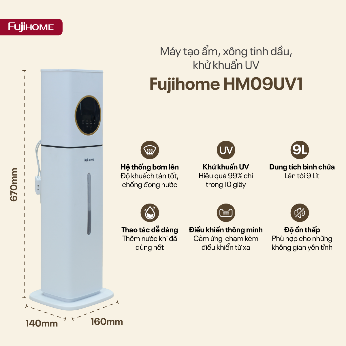 Máy tạo ẩm, xông tinh dầu, khử khuẩn UV dung tích lớn Fujihome HM09UV1_thumbnail_6