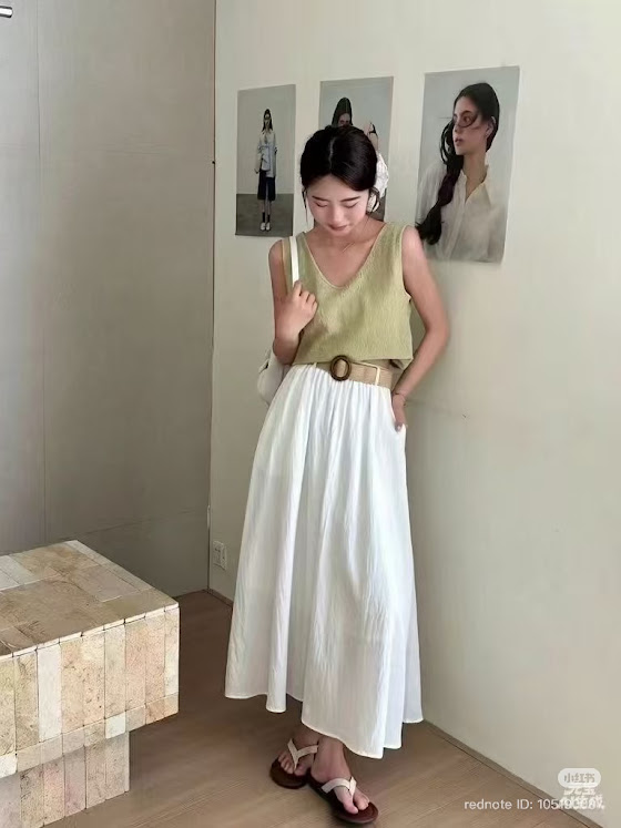 Lucas - Chân váy thô xòe dáng dài cạp chun + belt tết bản lớn mặt gỗ tròn_thumbnail_1