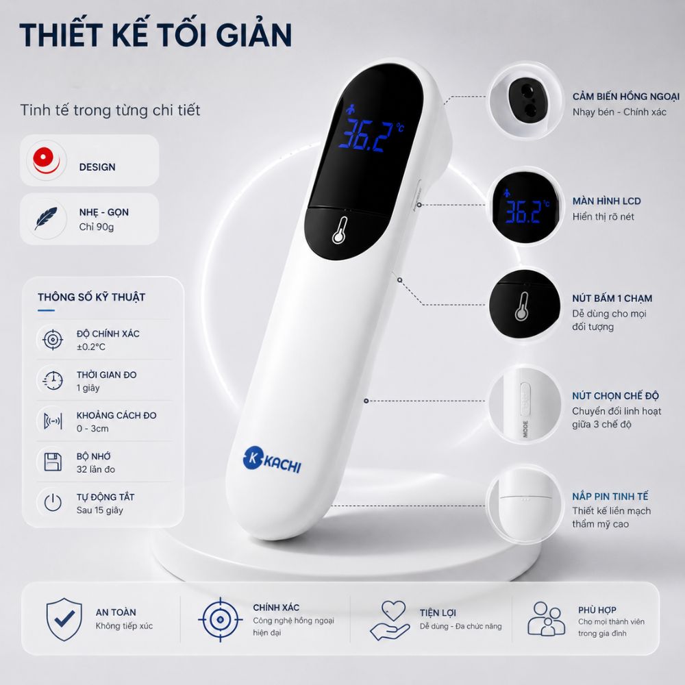 Máy Đo Nhiệt Kế Kachi JXB-315 MK | Đo nhiệt độ cơ thể, nhiệt độ phòng, nhiệt độ bề mặt đồ vật