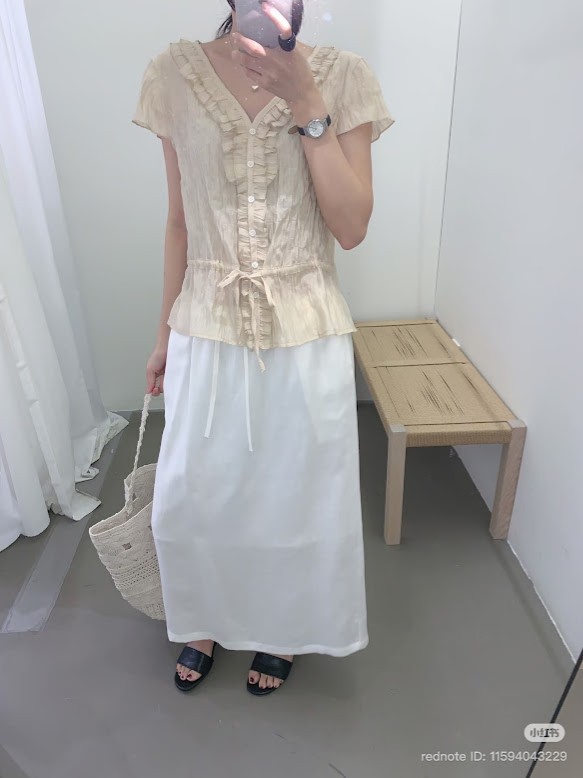 Lucas - Áo sơ mi tay hến vải linen, dây chun eo viền bèo nhỏ dọc cổ áo_thumbnail_1