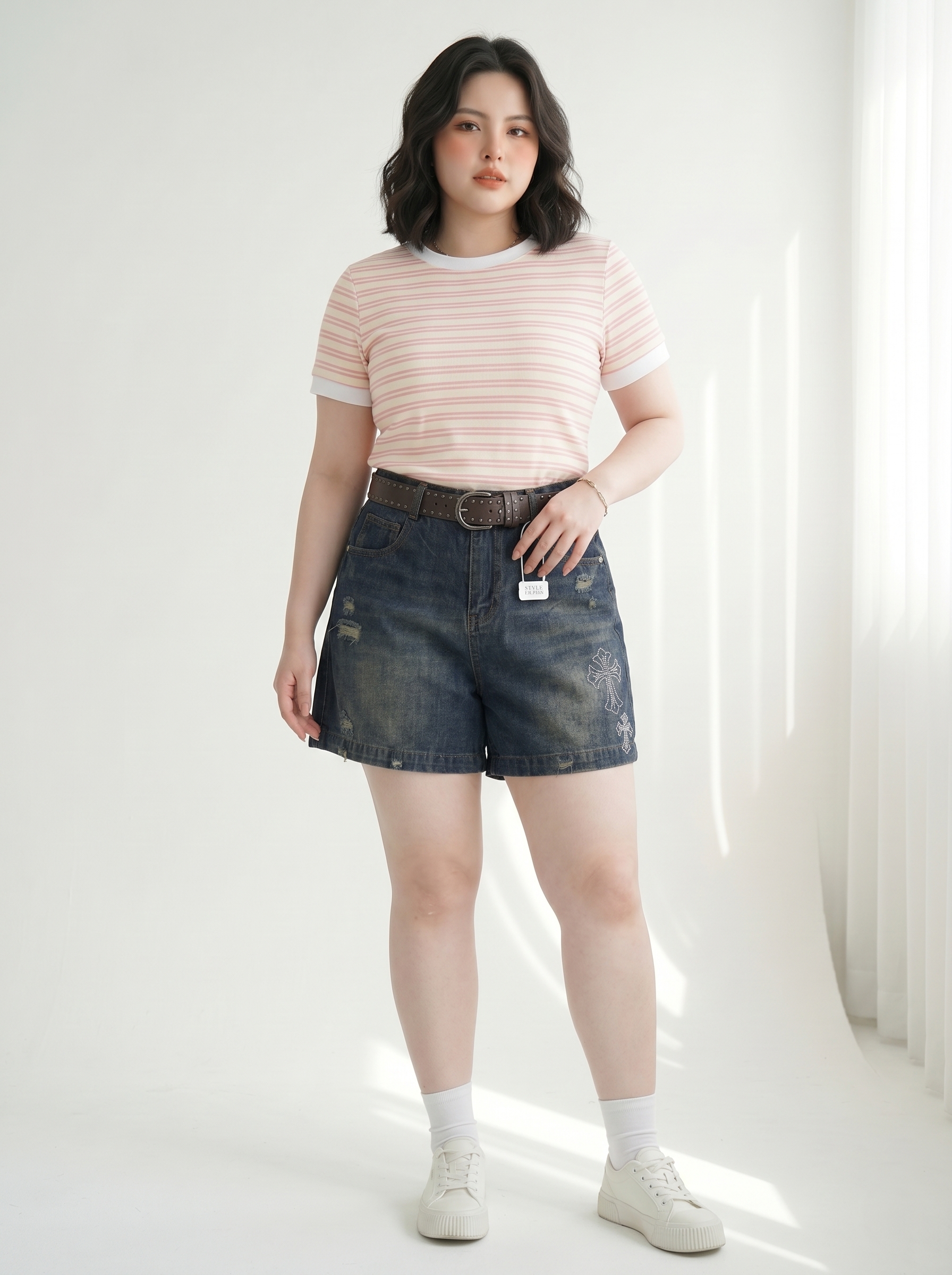 Quần Short Jean Lửng Lưng Thun Ép Đá Chữ Thập Bigsize - Xanh Jean - T-QSJ70