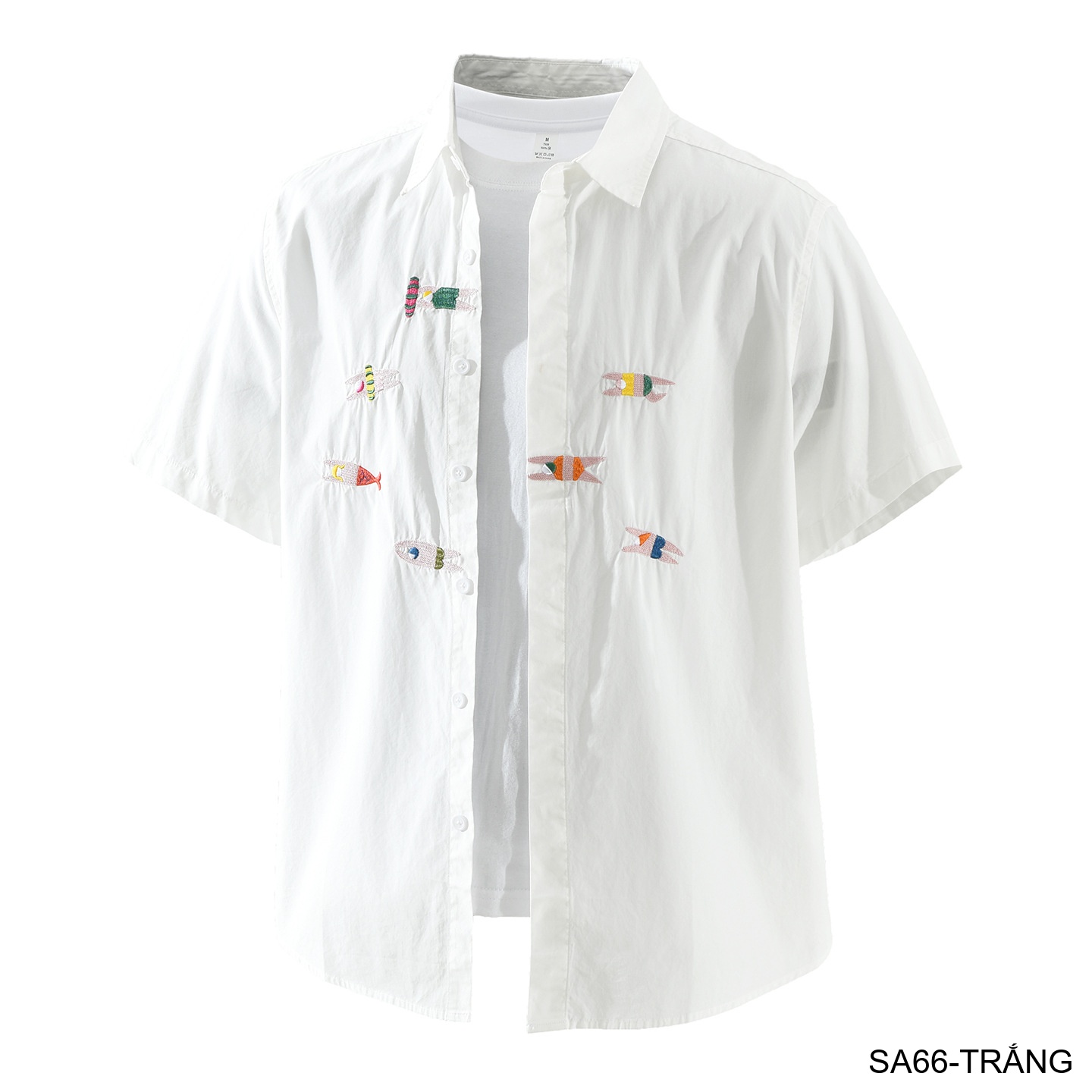 SA66 - Áo sơ mi nam ngắn tay thêu cá kiểu Nhật, cotton 100%, form rộng thoải mái, phong cách tươi mới