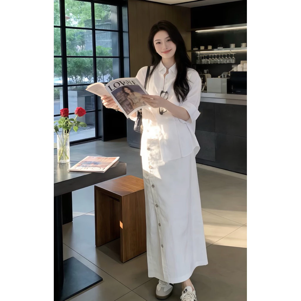 Set áo sơ mi trắng phối chân váy dài form suông, Set đồ nữ công sở thanh lịch phong cách Hàn Quốc Logastore_L102_thumbnail_3
