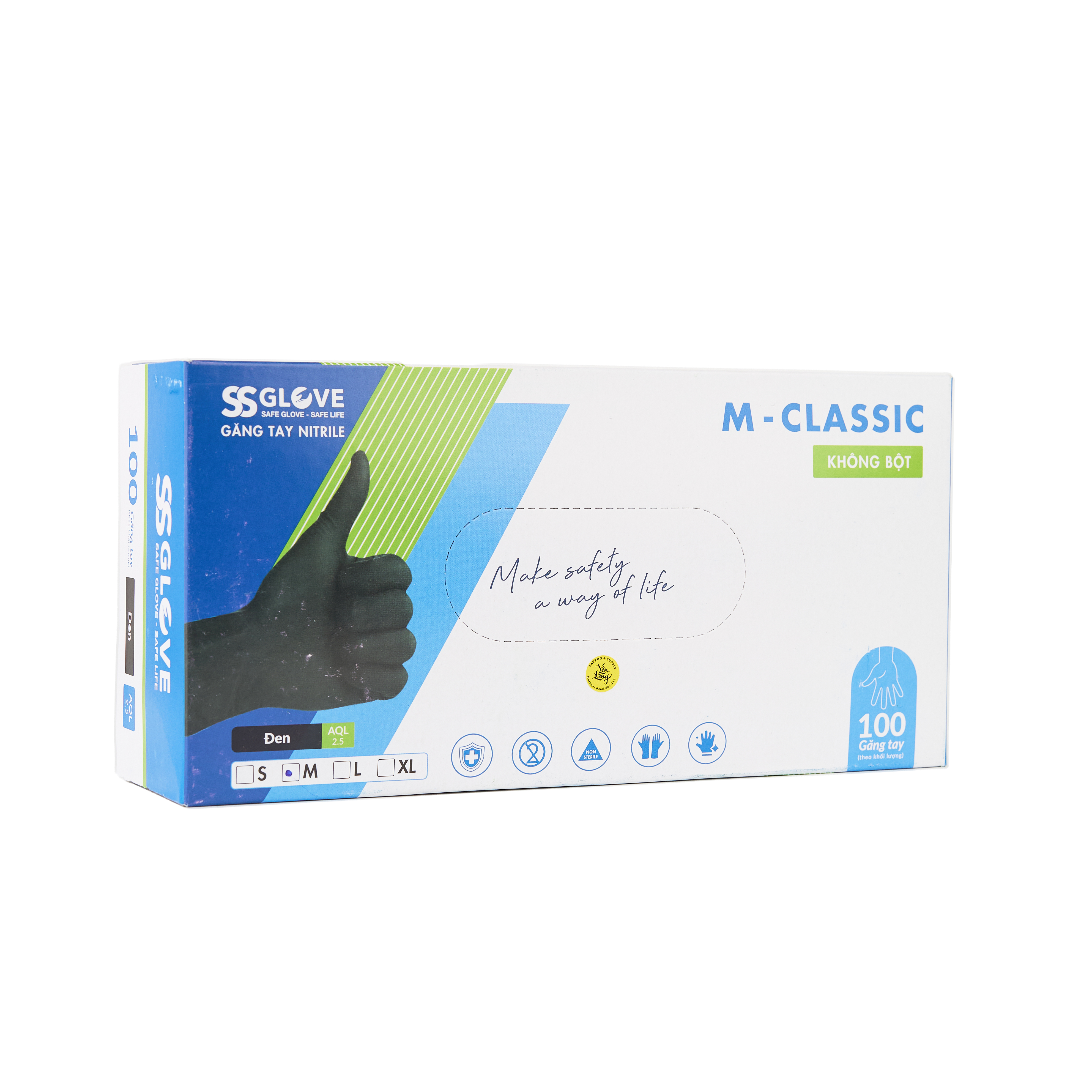 Găng tay cao su Nitrile SS màu đen không bột (Hộp 100 cái)