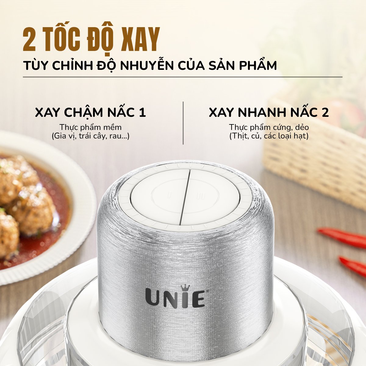 Máy xay thịt UNIE UM366 dung tích 2,5L, 2 cối xay thủy tinh, đánh ruốc, bóc tỏi tiện lợi_thumbnail_4
