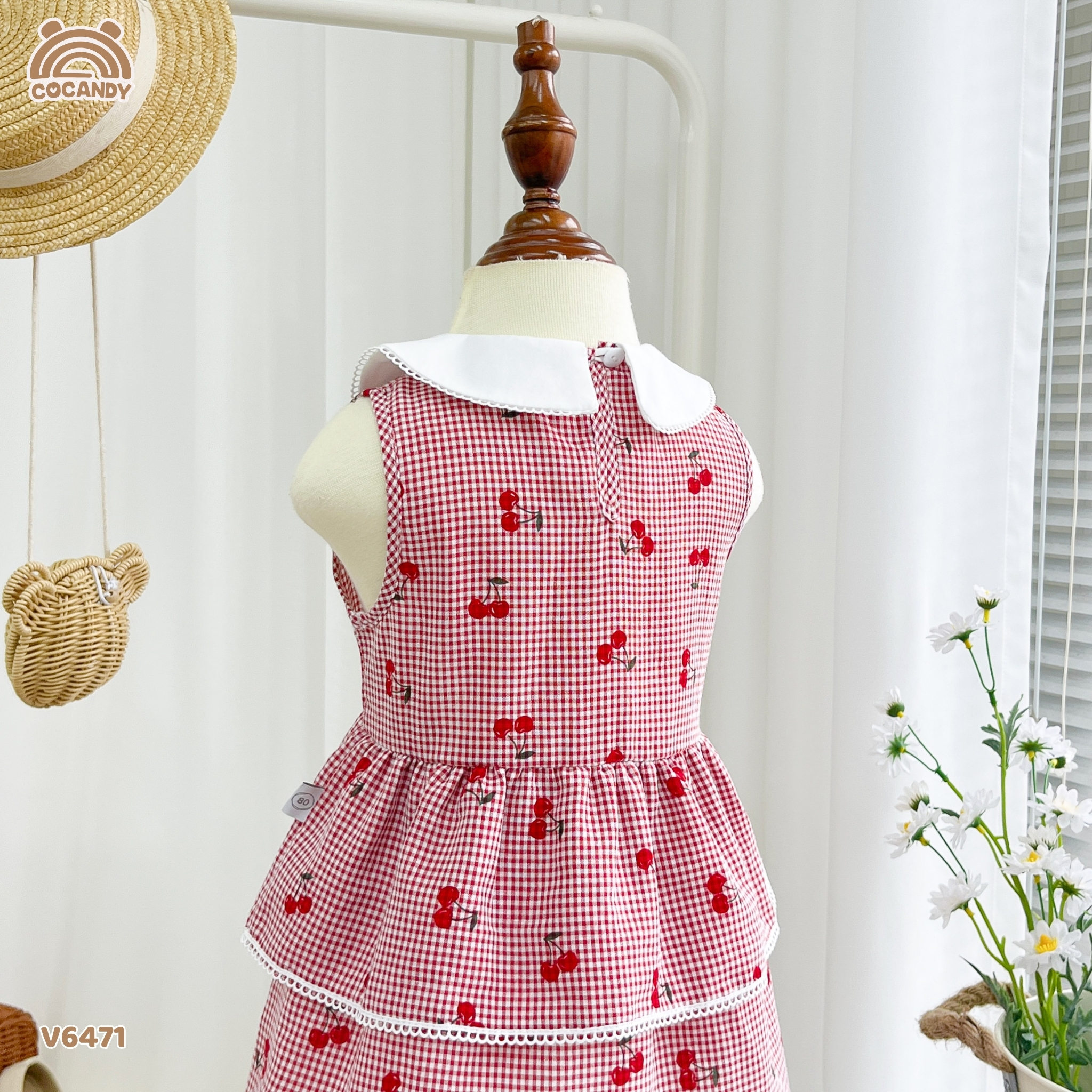 Váy sát nách thô caro ĐỎ hình cherry phối cổ sen_thumbnail_6