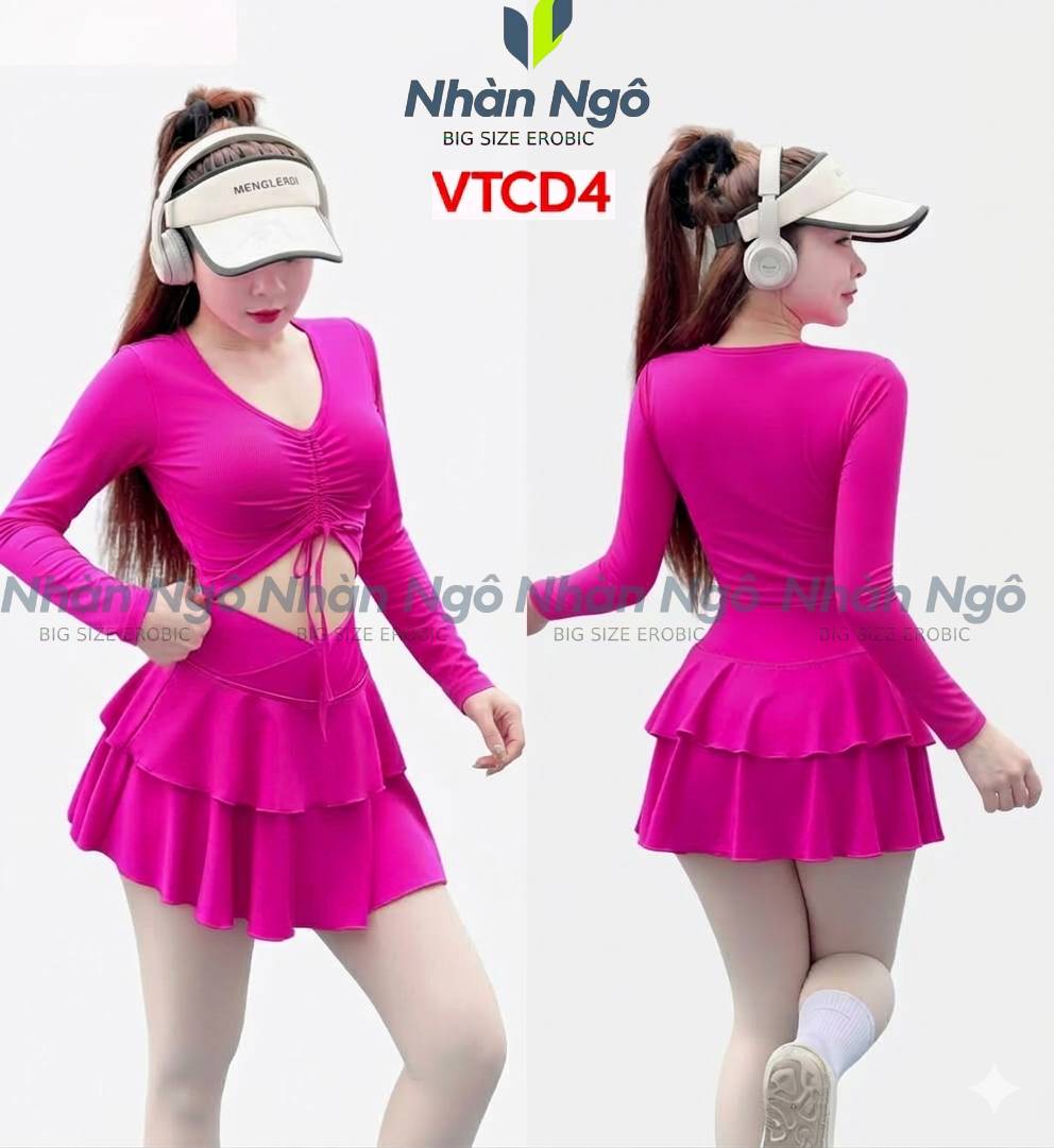 Bộ bơi váy tầng áo croptop rút dây tay dài màu hồng
