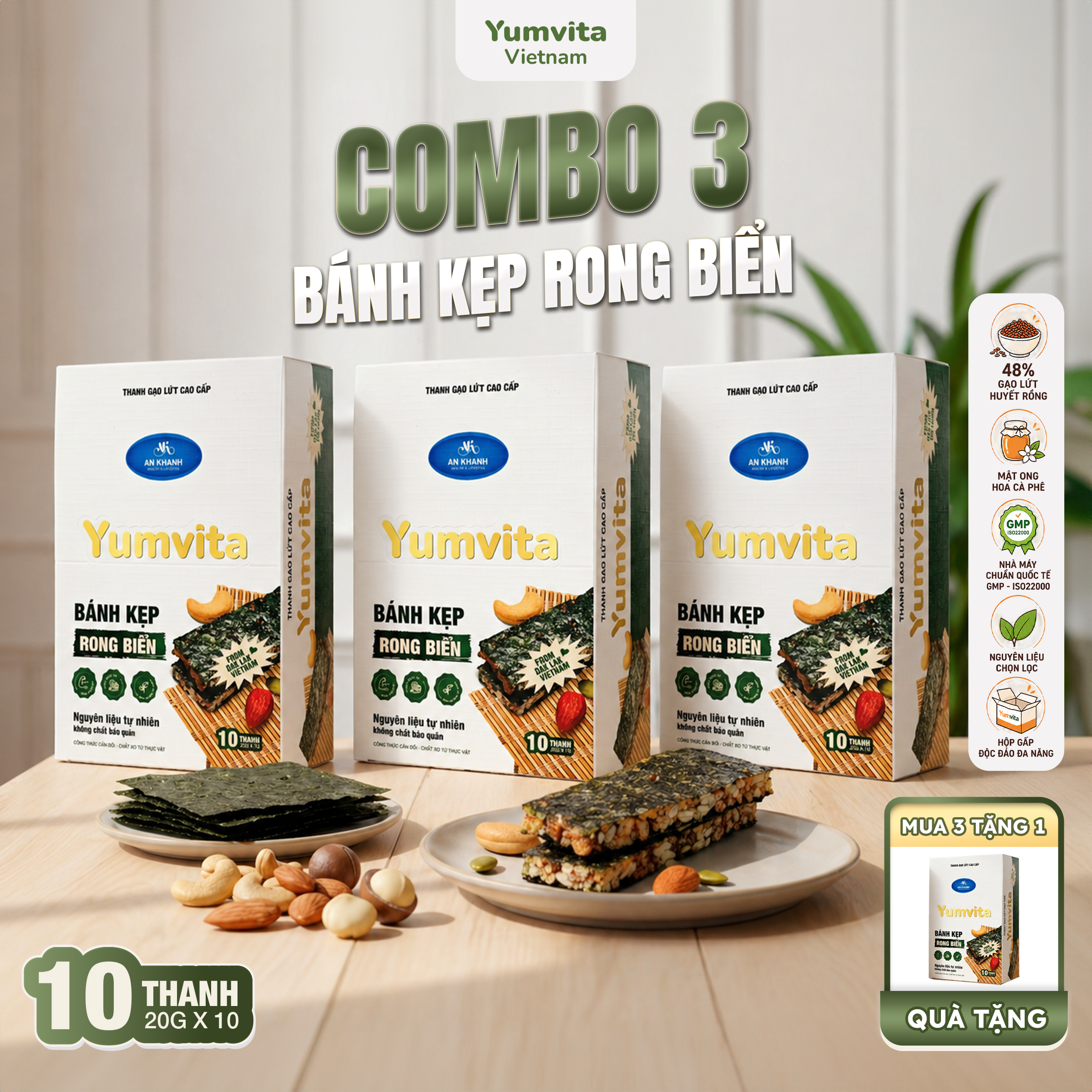 [COMBO 3 HỘP] Bánh Kẹp Rong Biển Yumvita - 3 Hộp 10 Thanh 200g Ăn Vặt Dinh Dưỡng Lành Mạnh