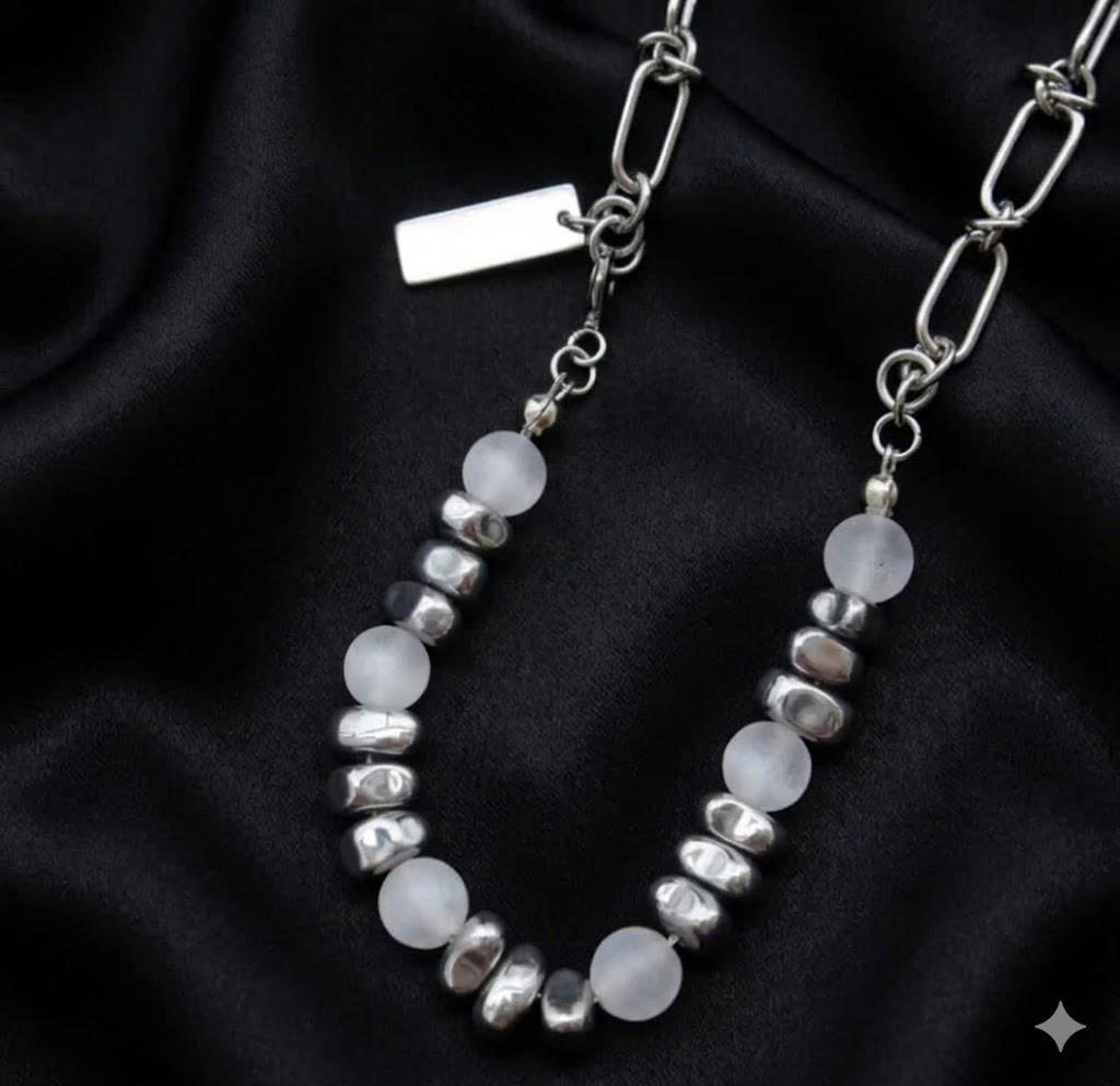vòng cổ titan charm ngọc mix đá bạc khối.