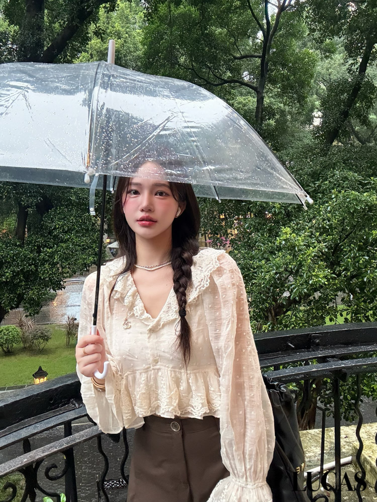 Áo sơ mi voan tơ thêu dáng crop nối gấu xòe chun cổ tay bèo cổ_thumbnail_3